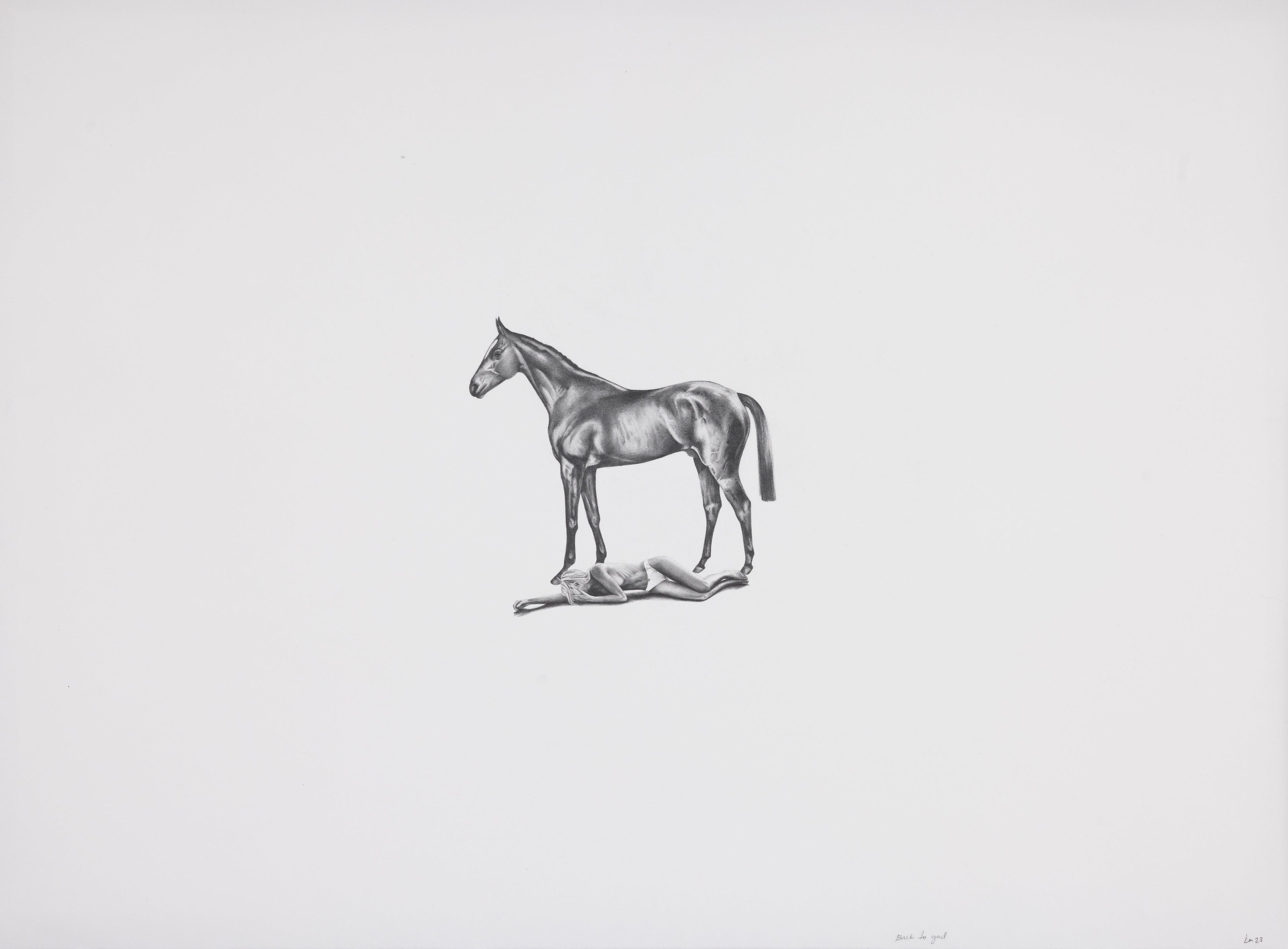 Black and white illustration of a horse with a girl laying on the floor beneath the horse