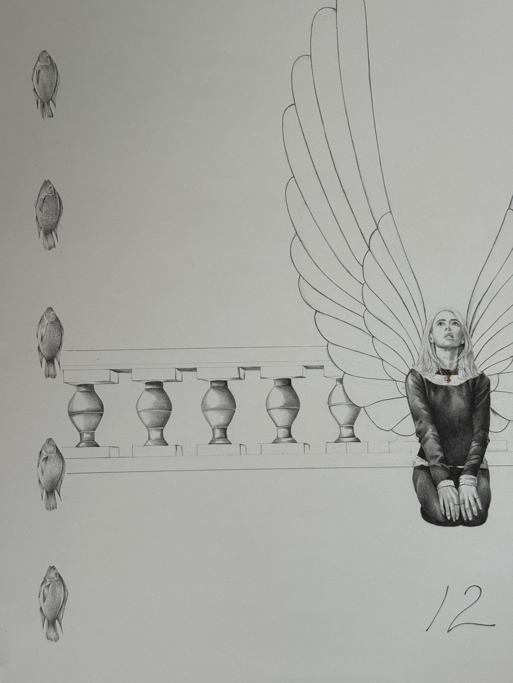 Pencil drawing of a person with wings sitting on a ledge with fish lining the left side of the page