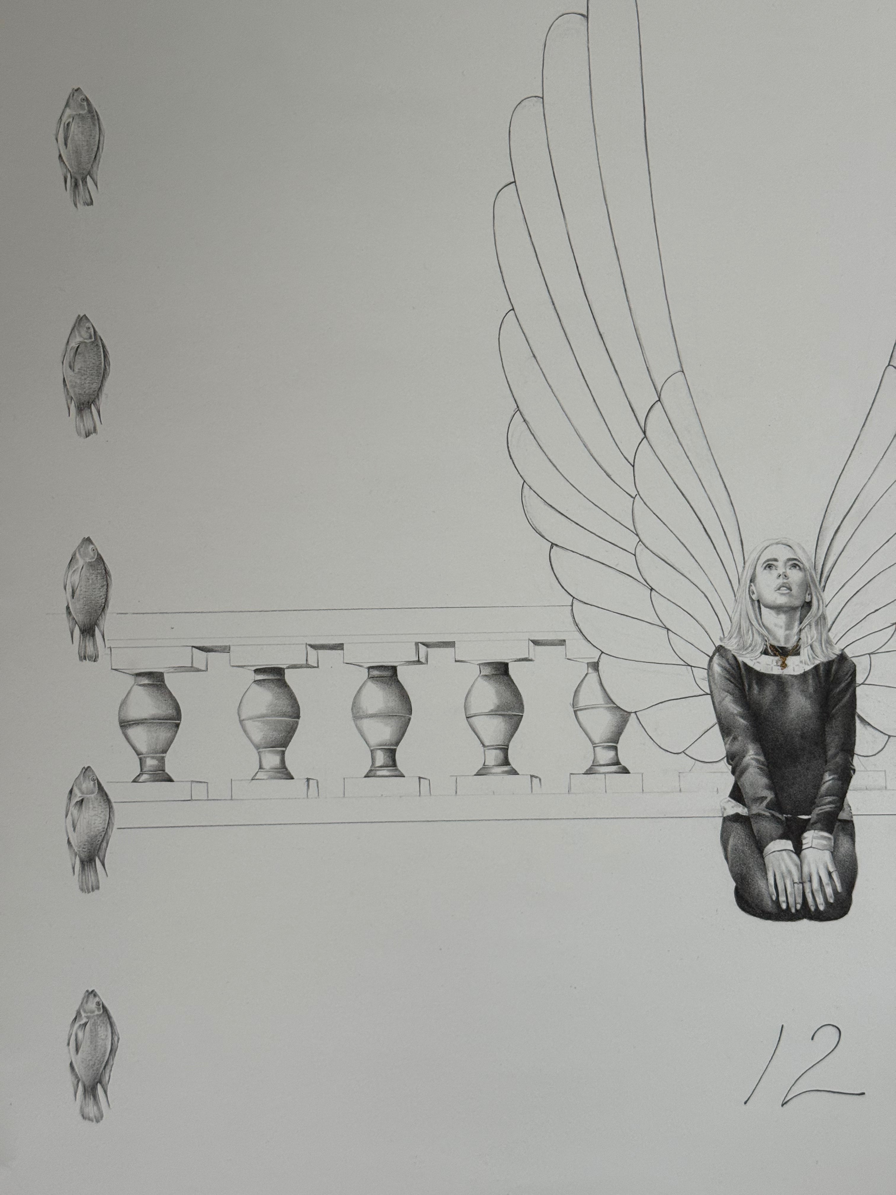 Pencil drawing of a person with wings sitting on a ledge with fish lining the left side of the page
