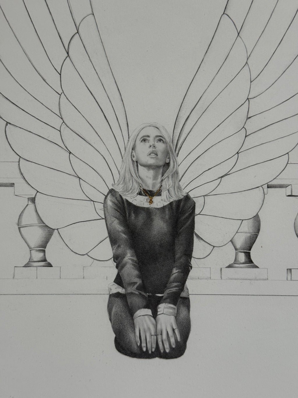 Pencil drawing of an angel with large wings sitting on a ledge, second detail view — Angel on Terrace