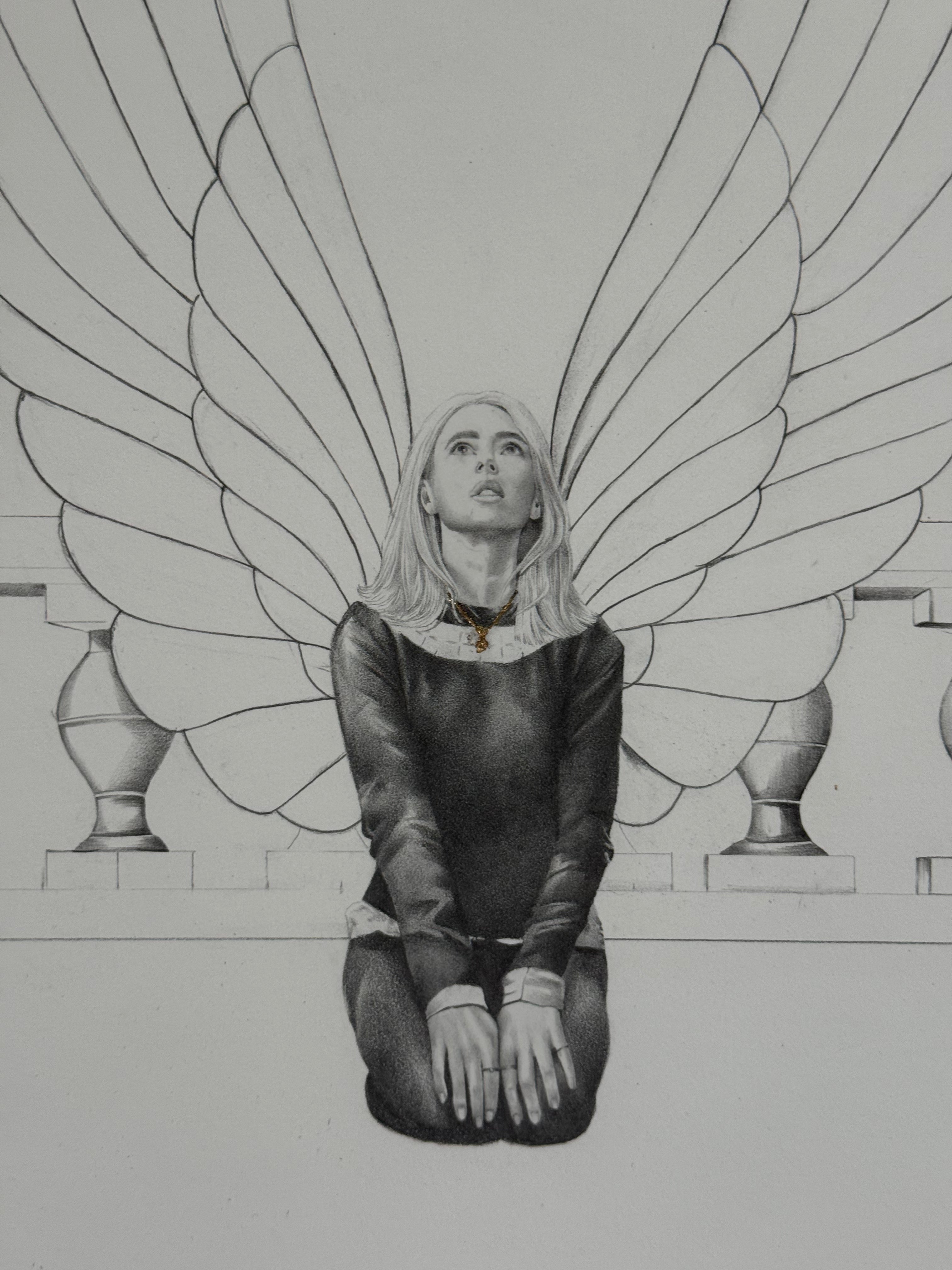 Pencil drawing of an angel with large wings sitting on a ledge, second detail view — Angel on Terrace