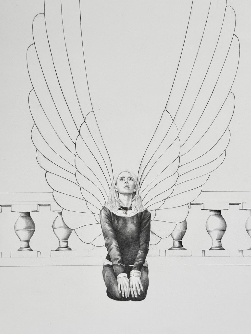 Black and white illustration of a person with large wings sitting on a ledge.
