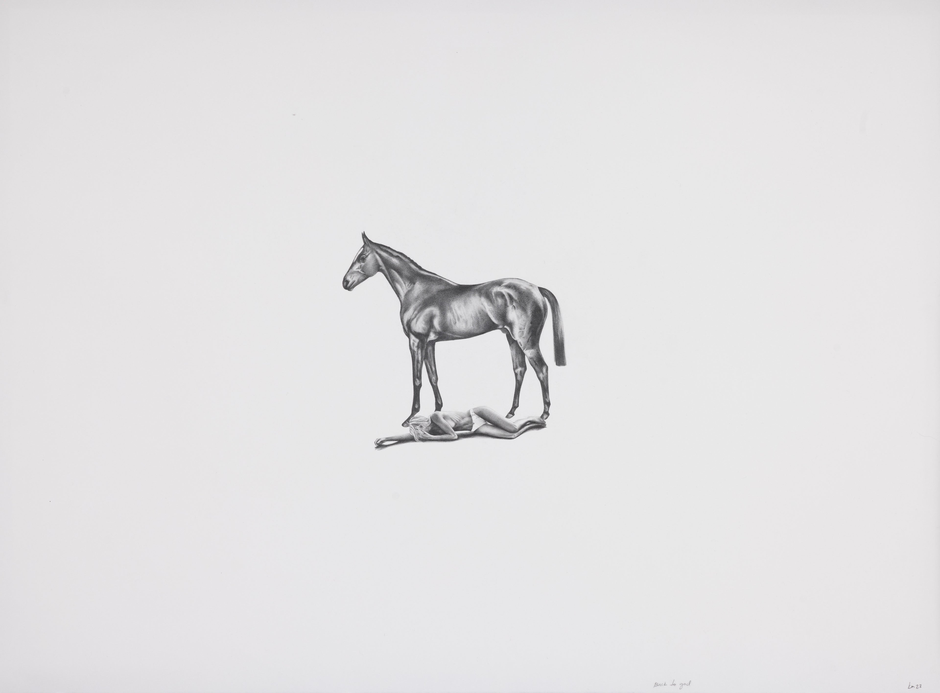Graphite drawing of a woman lying broken beneath a horse, full composition — Back to God, by Kate McDuffie