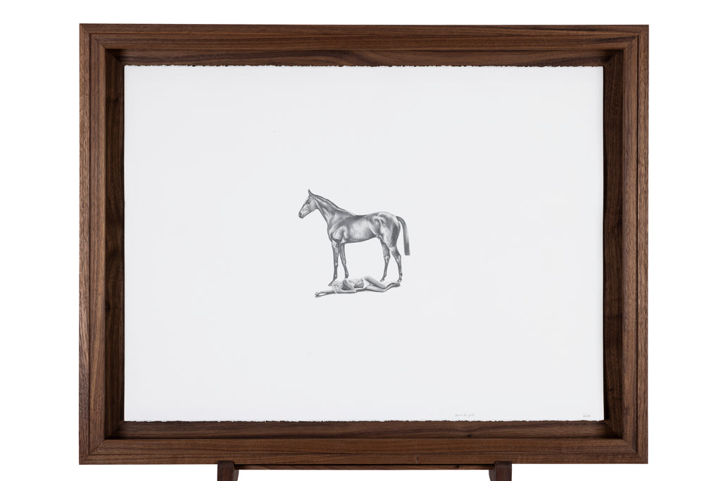 Graphite drawing of a woman lying broken beneath a horse, framed view — Back to God, by Kate McDuffie
