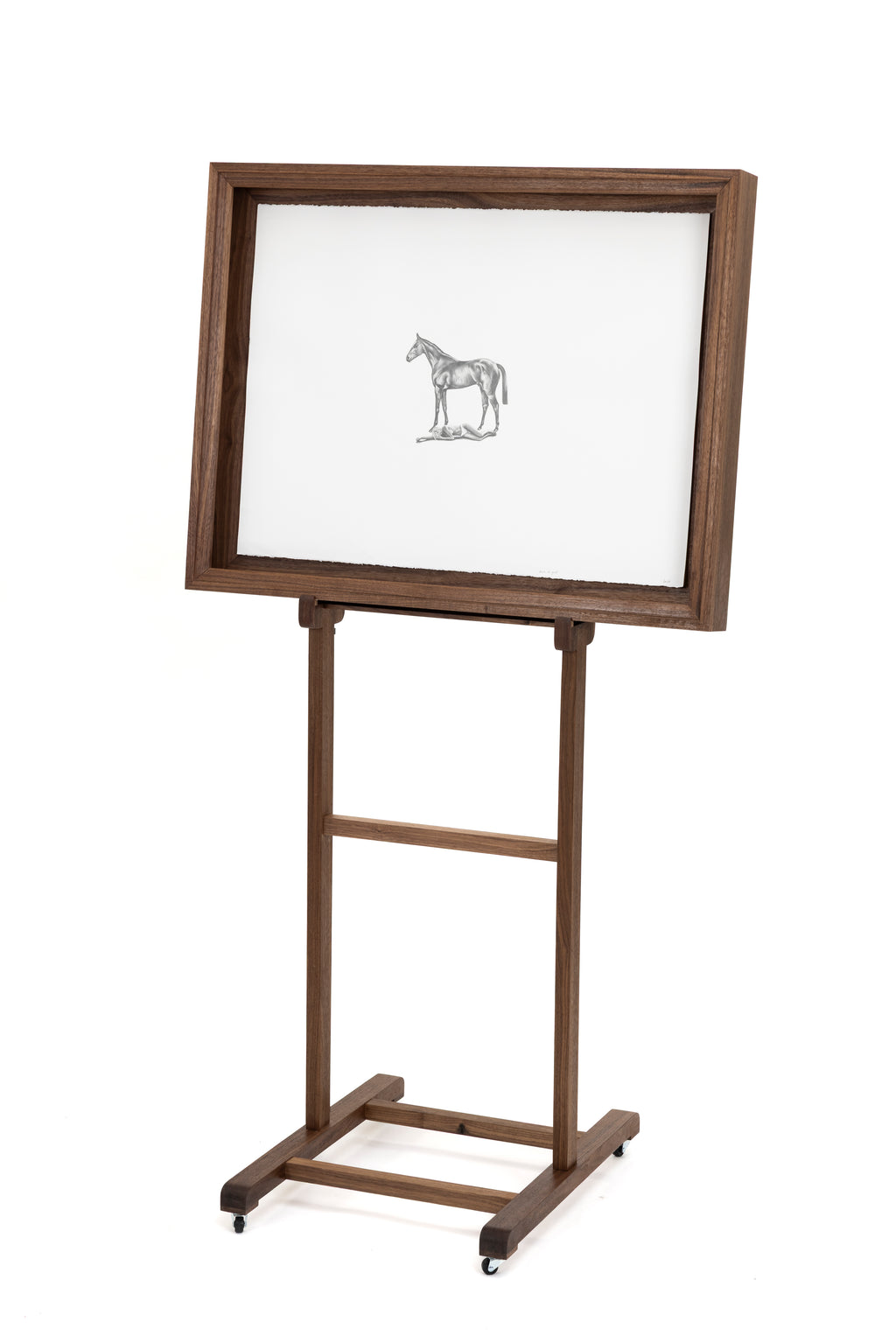 Graphite drawing of a woman lying broken beneath a horse, framed— Back to God, by Kate McDuffie