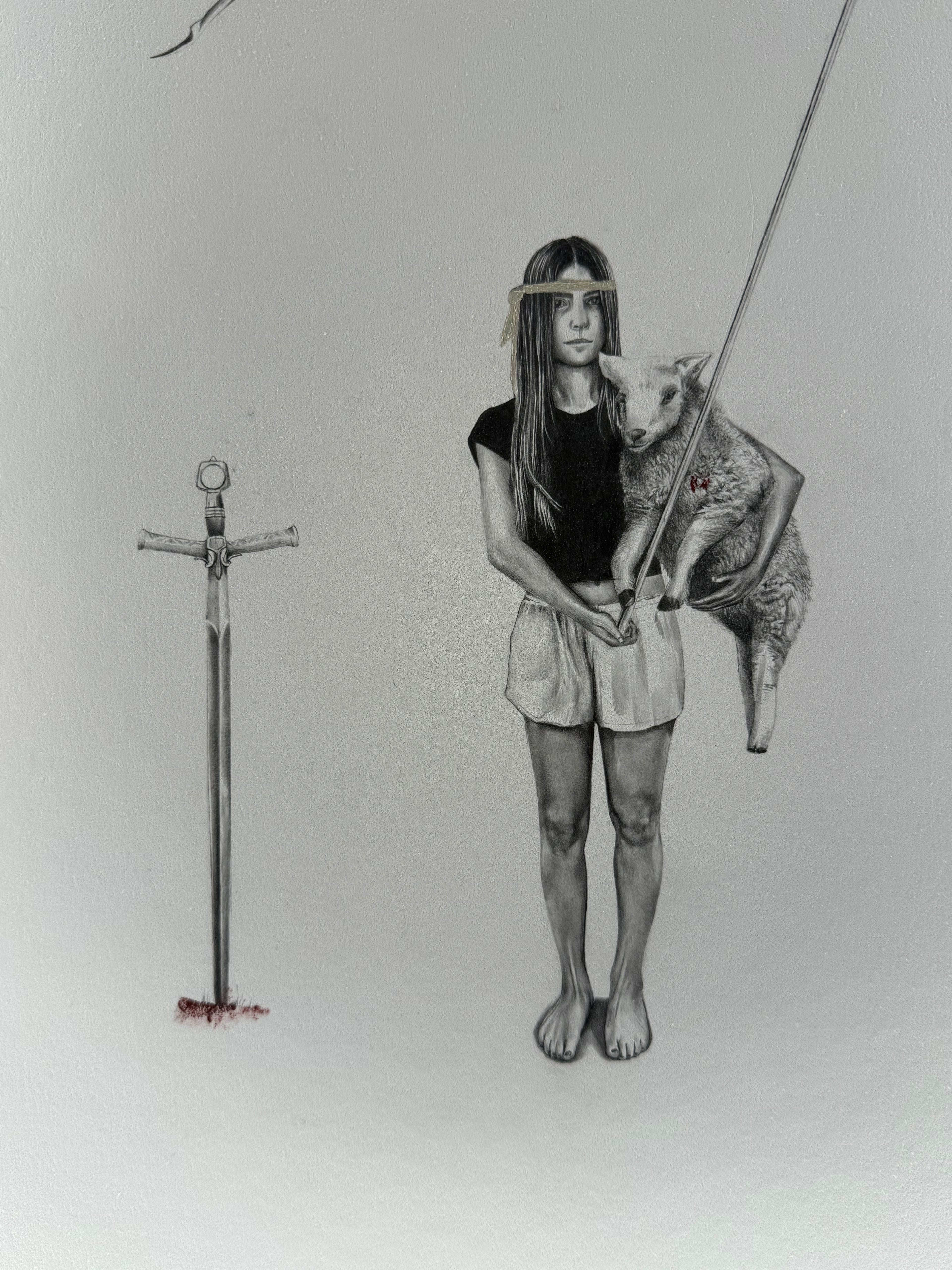 Close-up graphite drawing of a Jewish girl's face as she holds the sacrificial Passover lamb — I Am That I Am, by Kate McDuffie