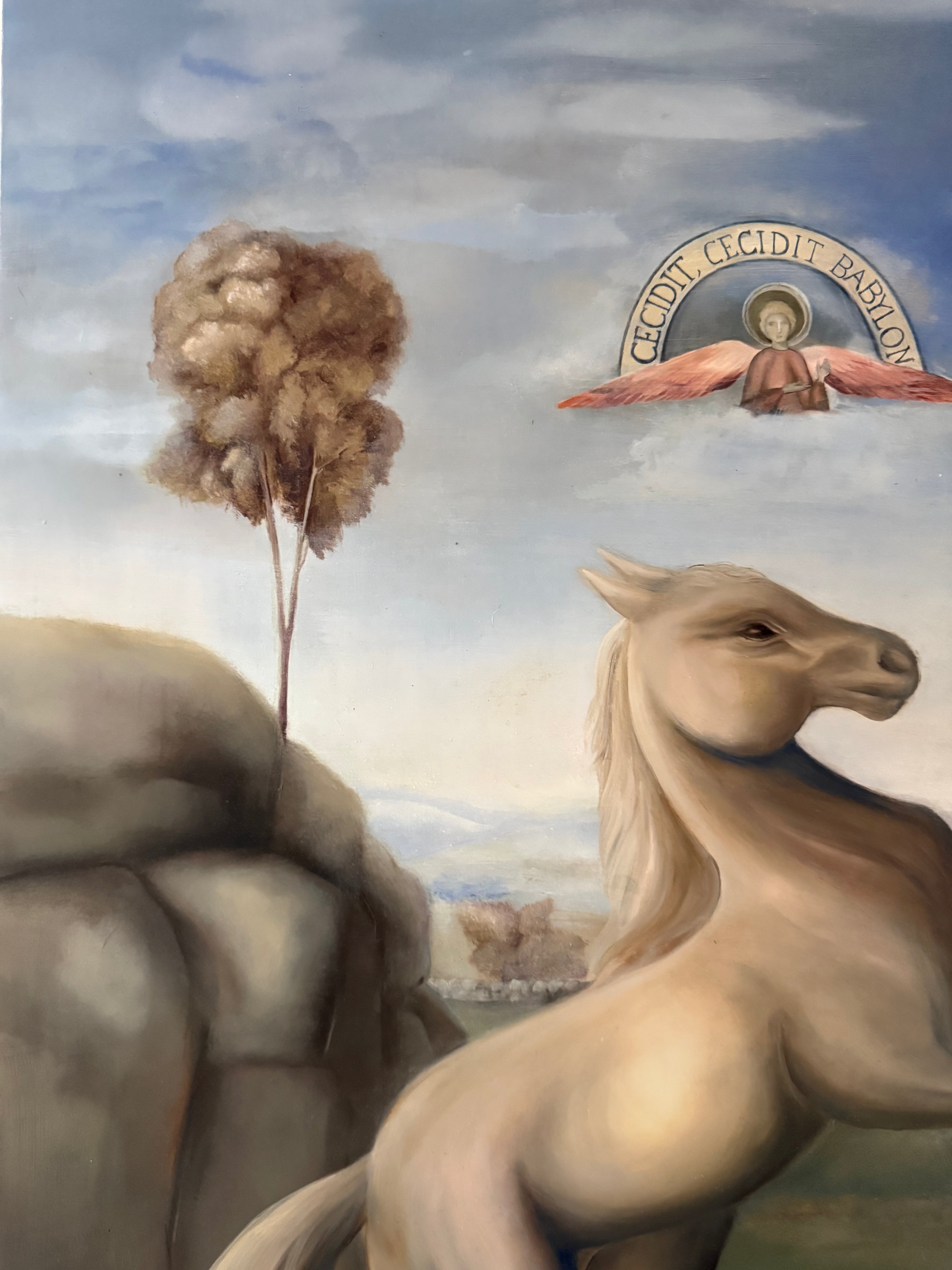 Artistic depiction of a horse, tree, and angel with a celestial background