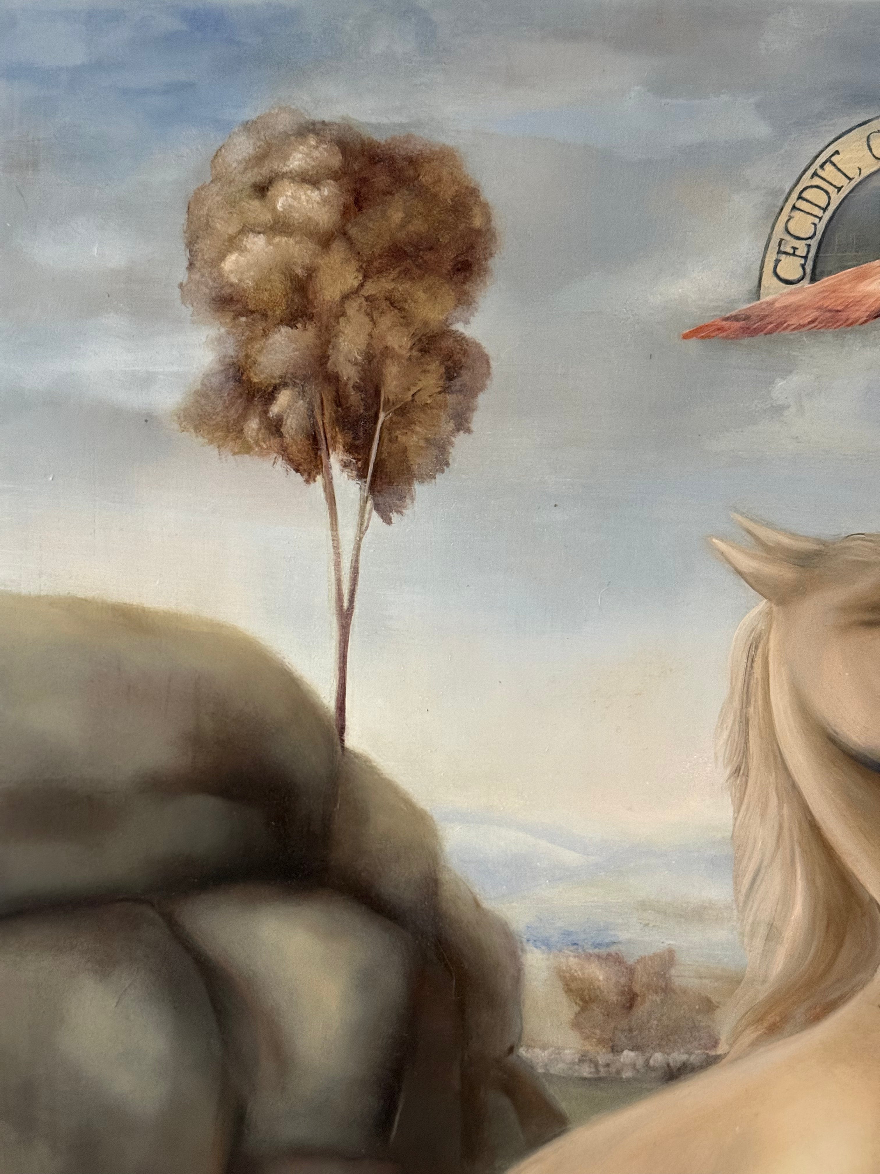 Artwork with a tree, horse head, and text on a cloudy sky background