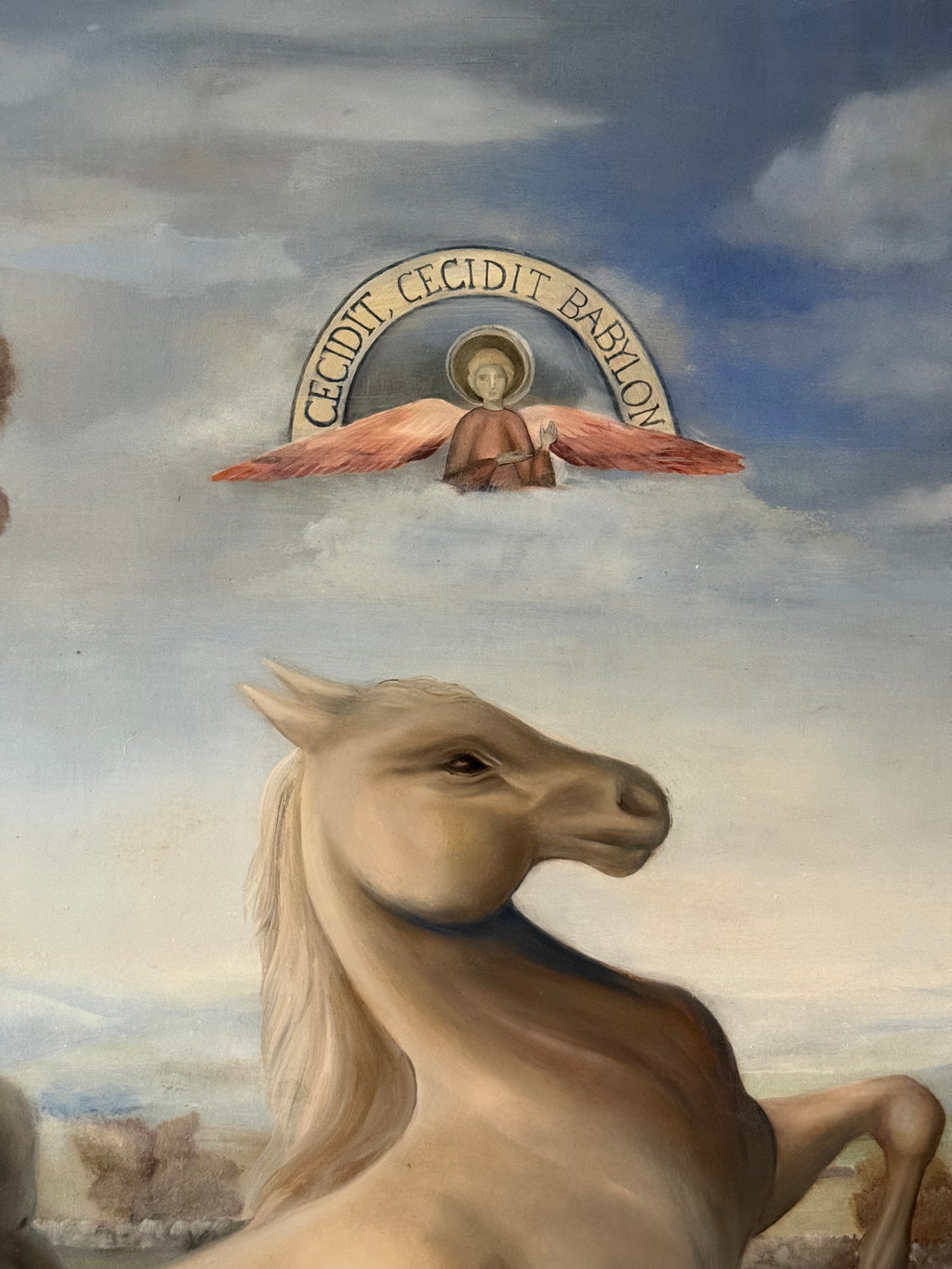 Painting of an angel with outstretched wings and a horse in the foreground, set against a cloudy sky.