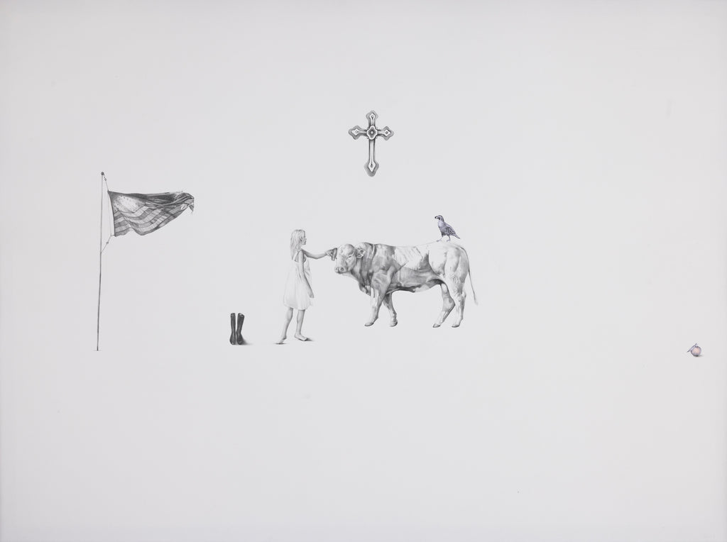 American Christian graphite drawing of a girl and a bull beneath a cross with an American flag staked in the ground, full composition — God's Country, by Kate McDuffie