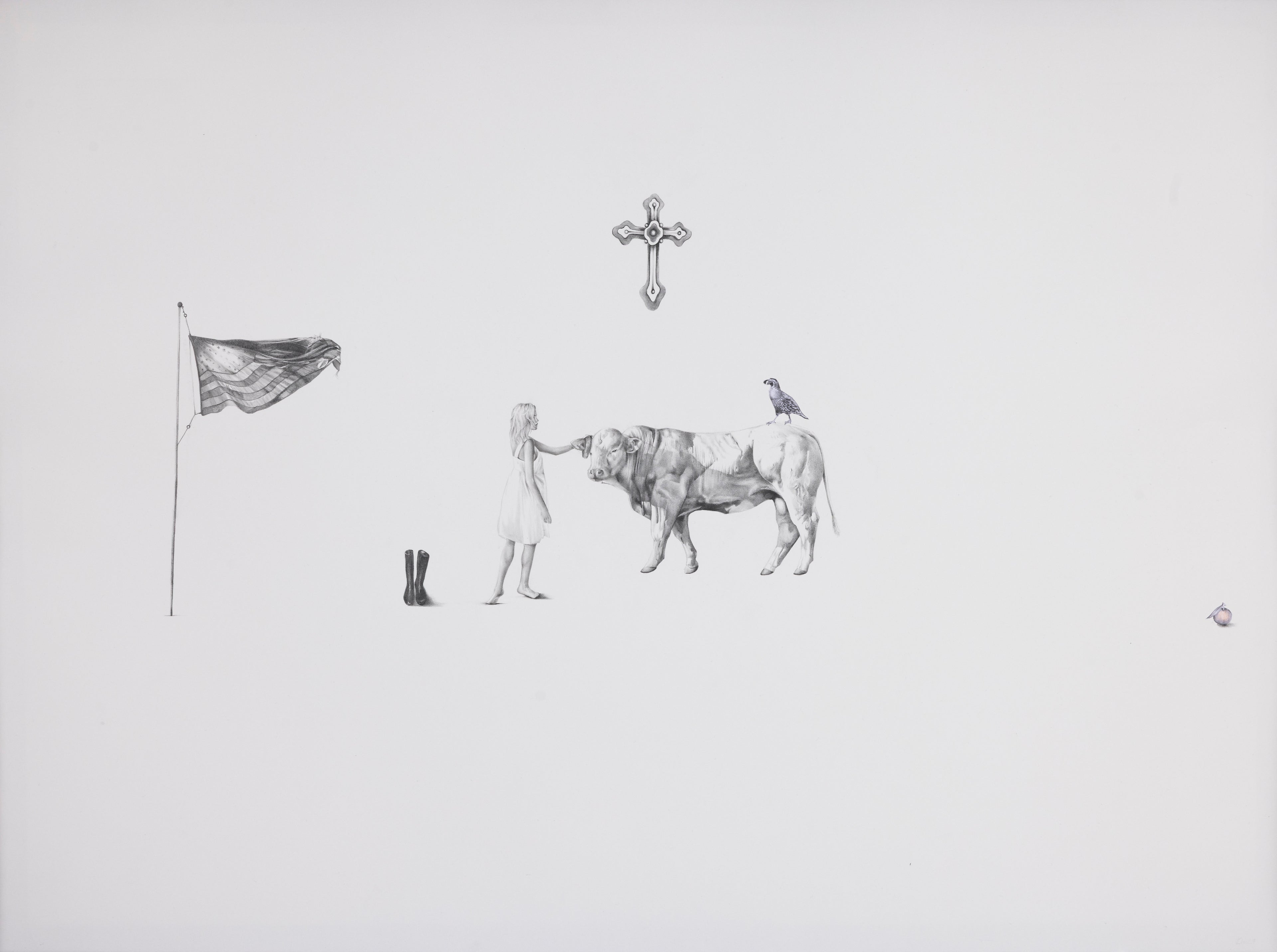 American Christian graphite drawing of a girl and a bull beneath a cross with an American flag staked in the ground, full composition — God's Country, by Kate McDuffie