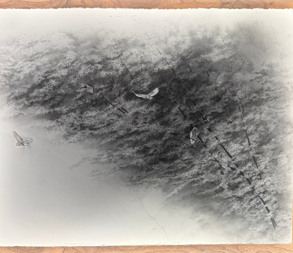A black and white landscape drawing on a textured surface with a wooden frame.