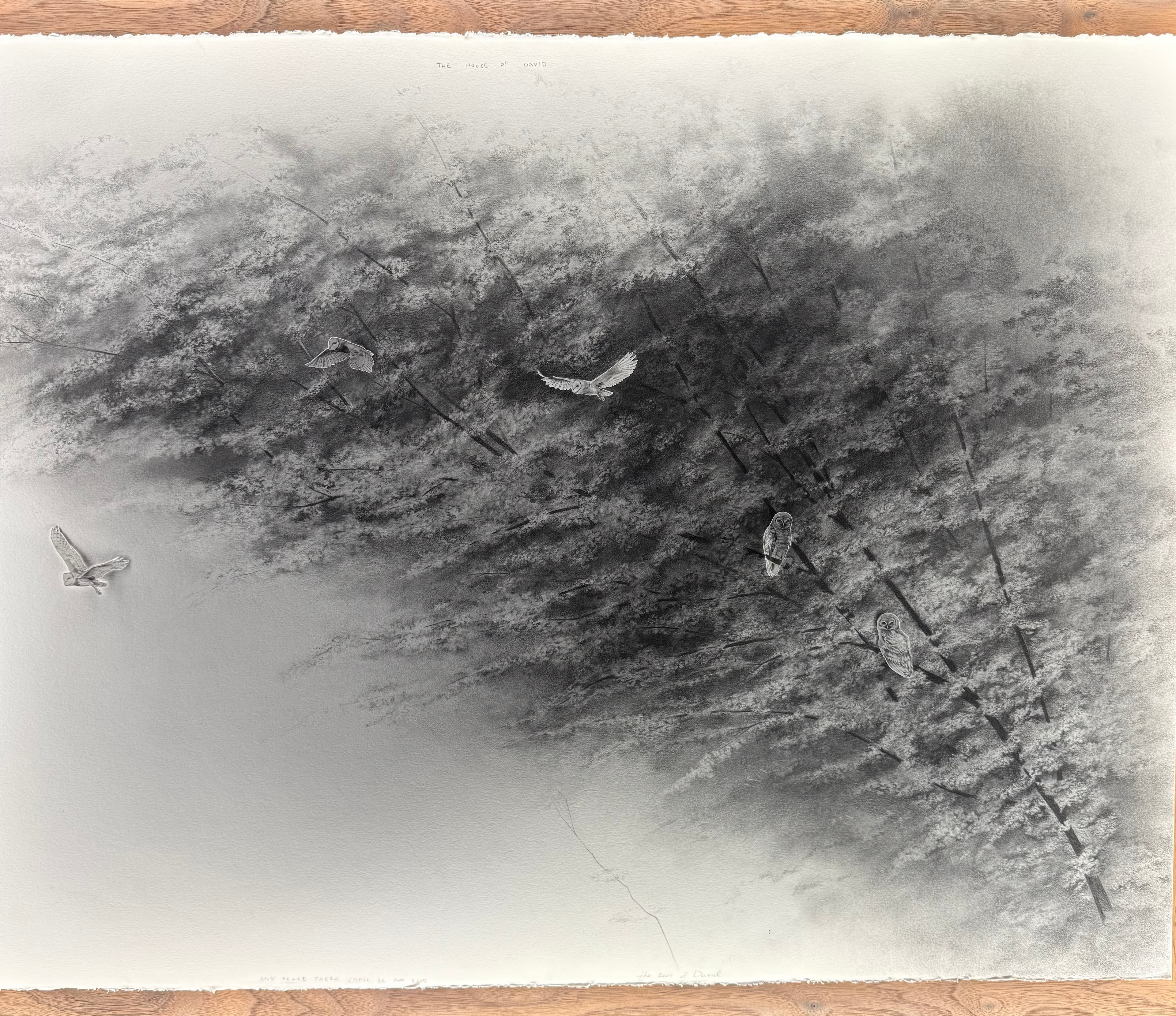 A black and white landscape drawing on a textured surface with a wooden frame.
