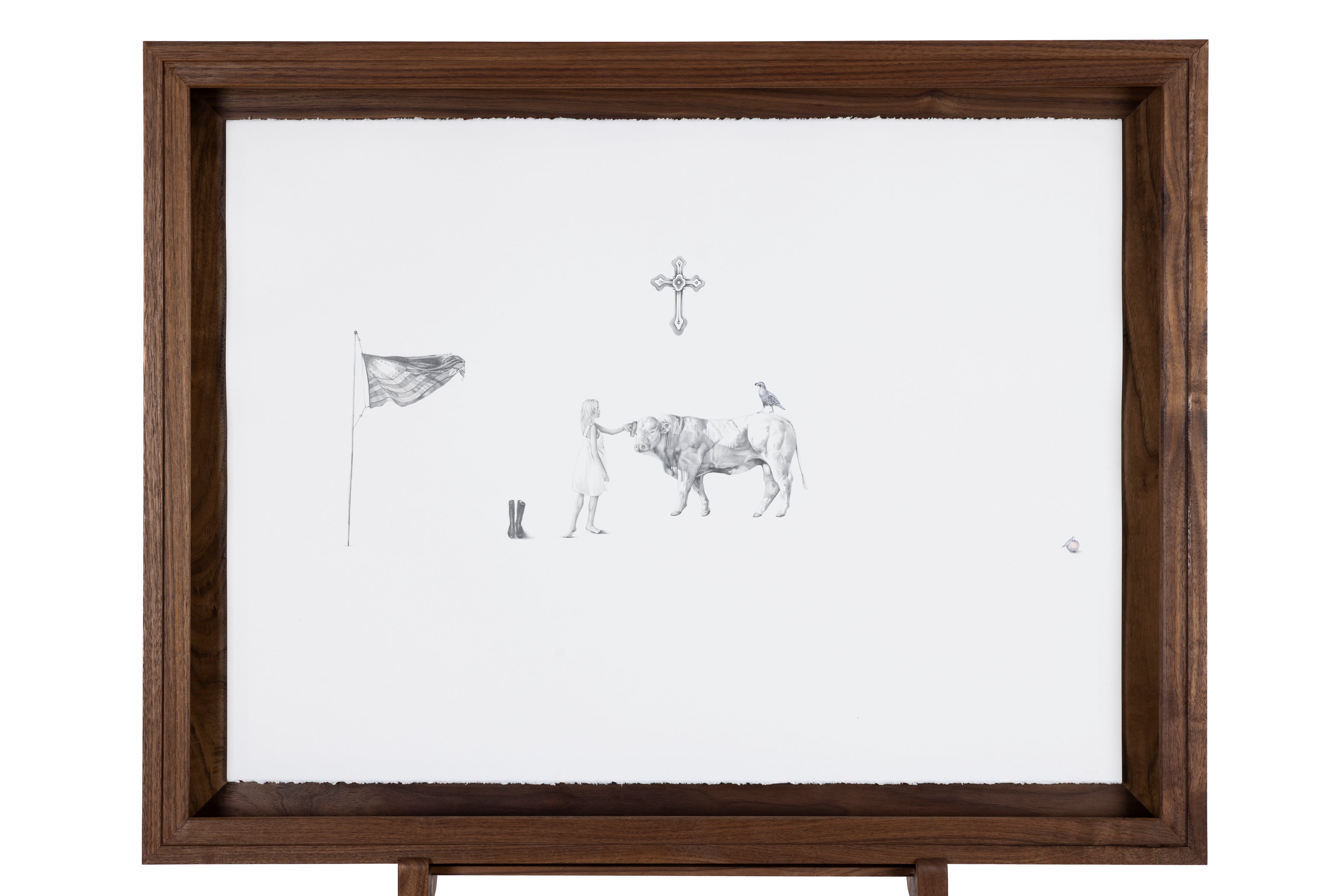 American Christian art. Graphite drawing of a girl and a bull beneath a cross with an American flag staked in the ground, full composition — God's Country, by Kate McDuffie