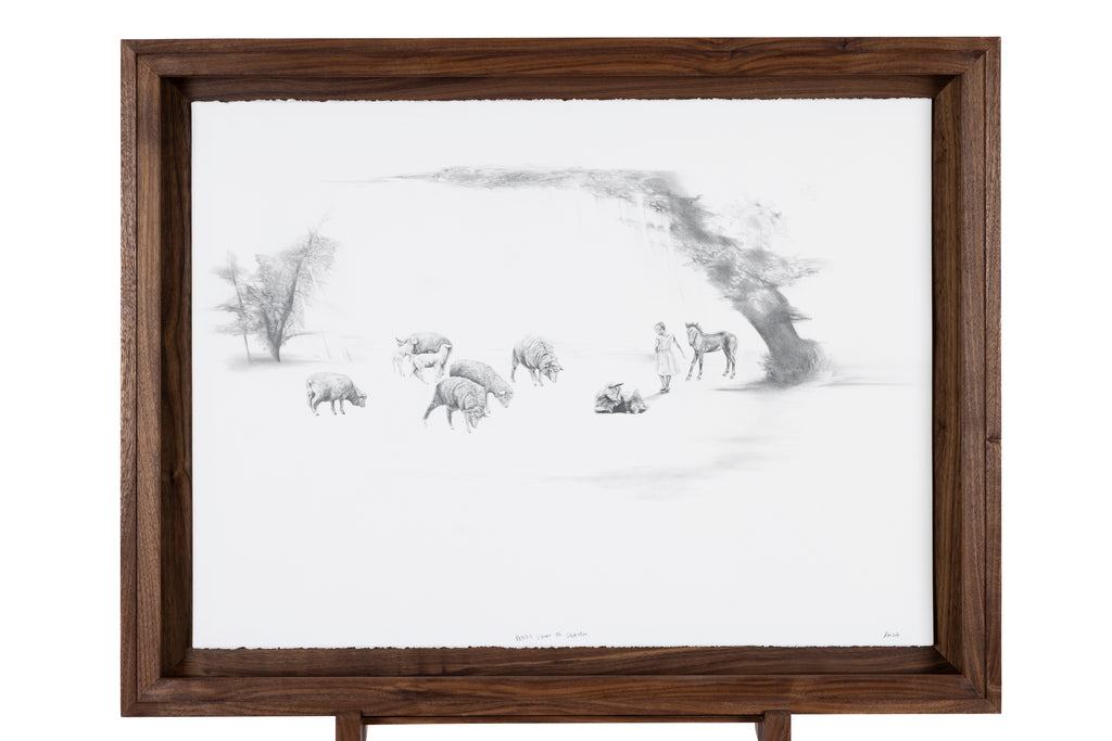 Framed illustration of person and animals in a dreamlike landscape