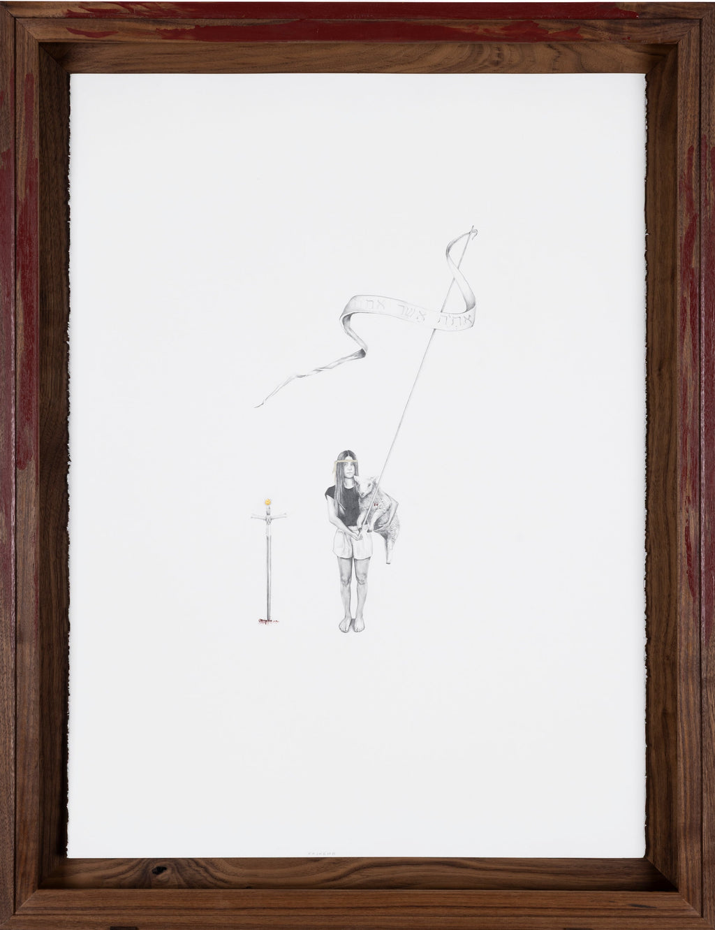 Graphite drawing of a Jewish girl holding the sacrificial Passover lamb with the sword of David staked in the ground beside her, detail view — I Am That I Am, by Kate McDuffie
