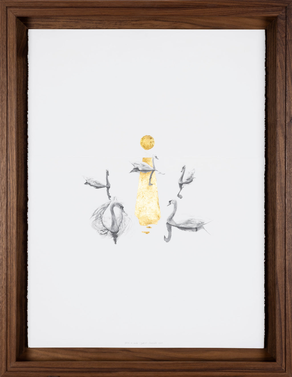 Framed artwork with a circle of five swans peacefully wading in a body of water while the golden sun sets reflecting on the water.