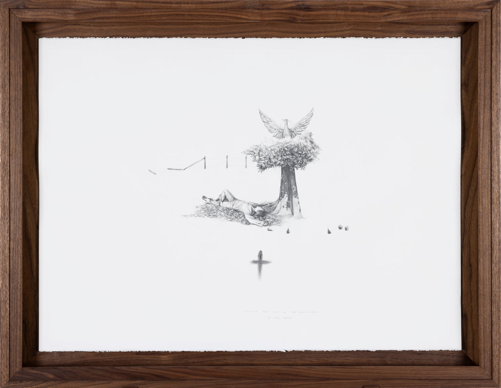 Graphite drawing of a girl laying beneath a tree with a phoenix emerging from the foliage, full composition — Knowledge of the Trees, by Kate McDuffie
