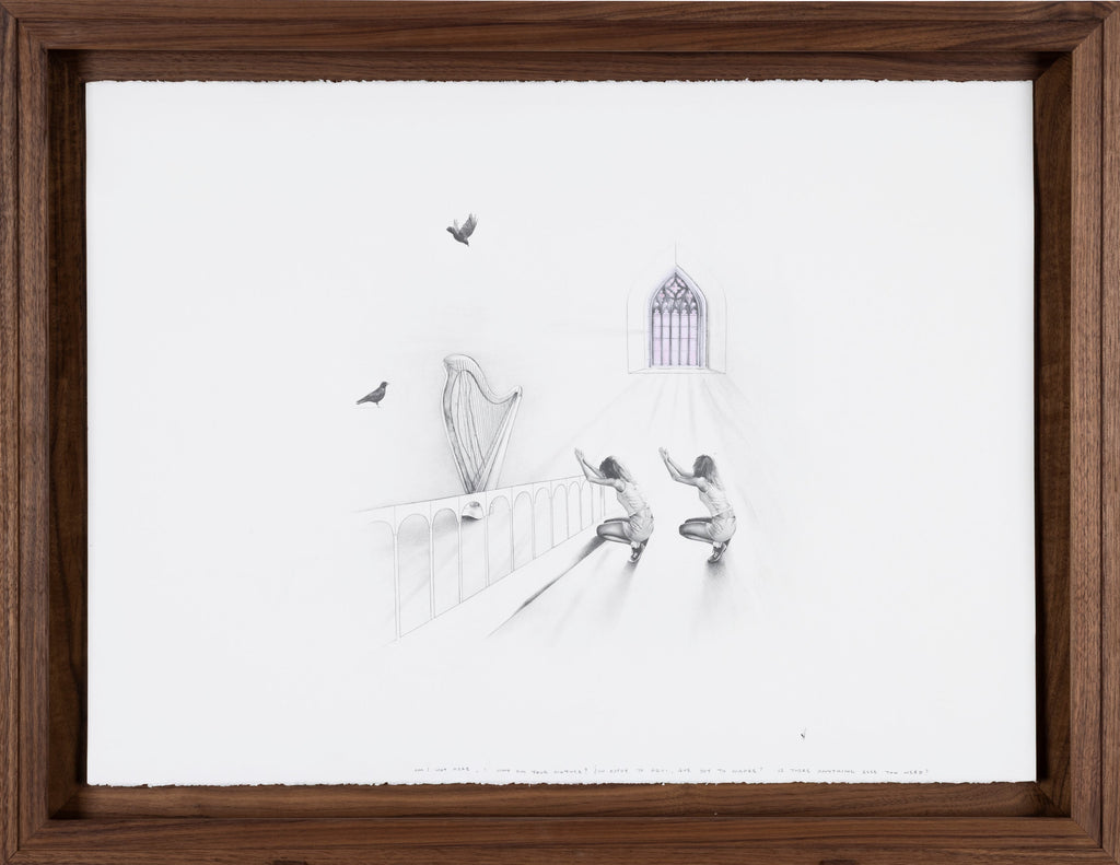 Graphite drawing of a modern woman kneeling at the altar in an old stone Italian church, full composition — Mary's Prayer, by Kate McDuffie