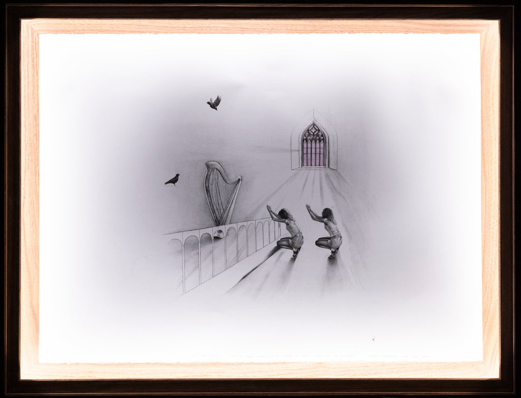 Graphite drawing of a modern woman kneeling at the altar in an old stone Italian church, illuminated detail view — Mary's Prayer, by Kate McDuffie
