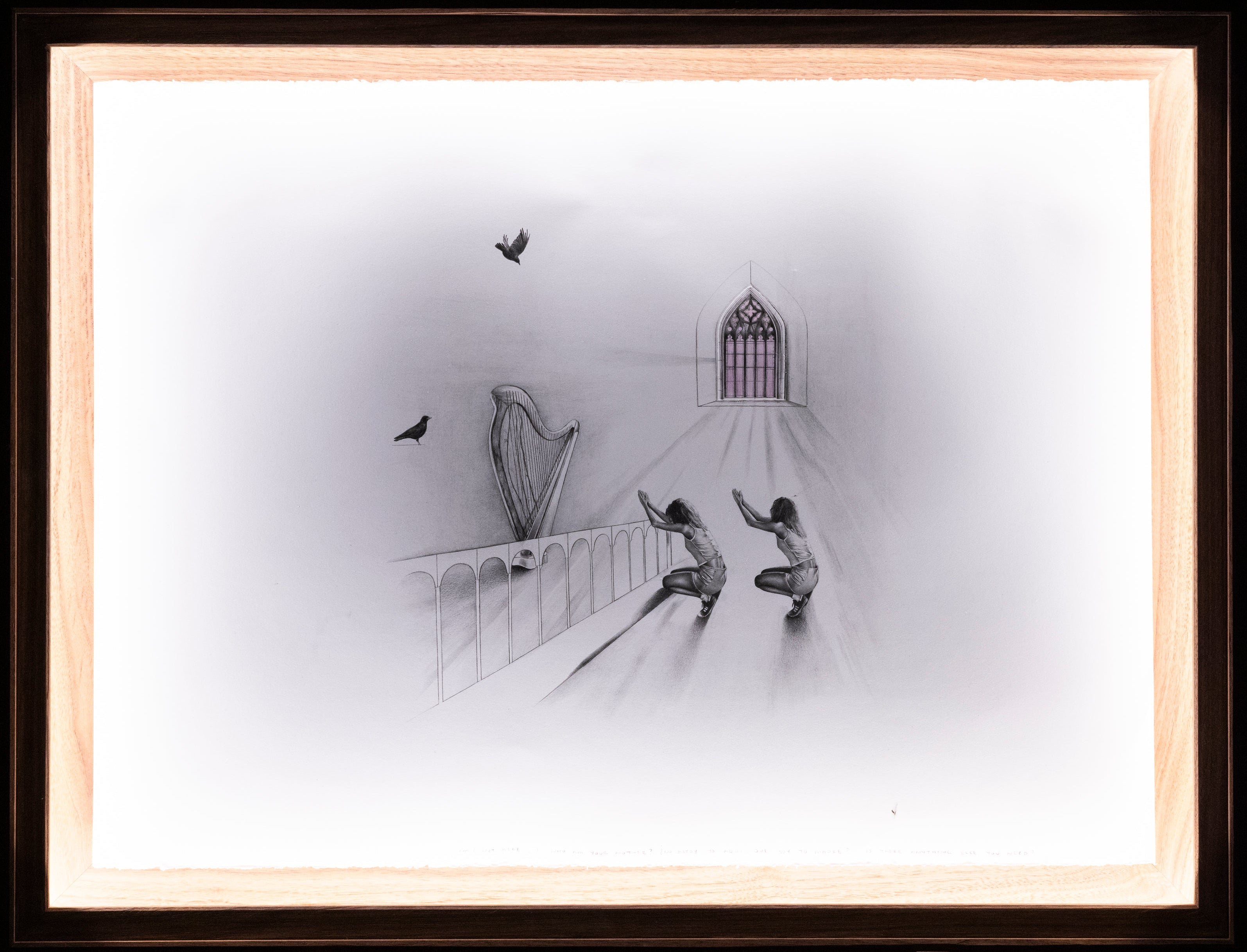 Graphite drawing of a modern woman kneeling at the altar in an old stone Italian church, illuminated detail view — Mary's Prayer, by Kate McDuffie