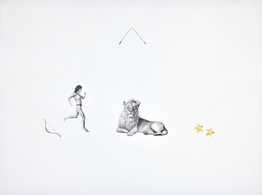 Graphite drawing of a woman running towards a lion that represents God, full composition — Orion, by Kate McDuffie