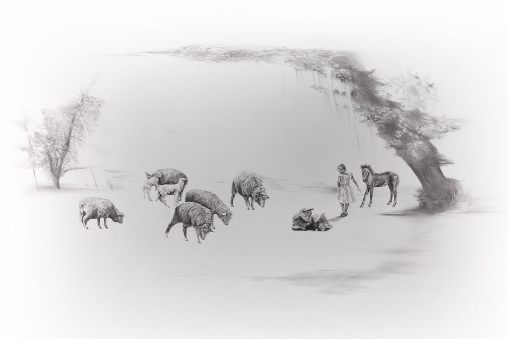 Black and white illustration of person and animals in a dreamlike landscape