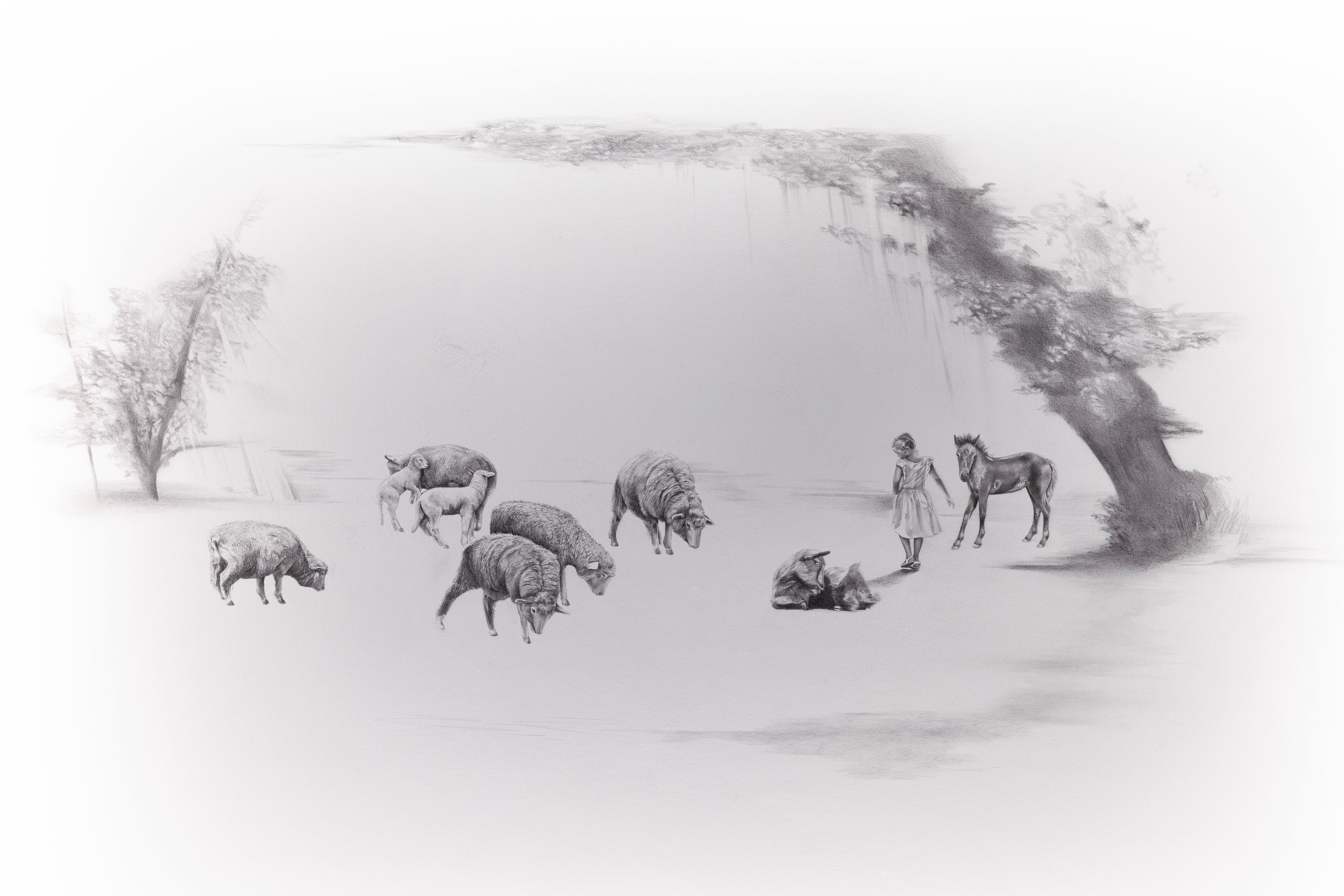 Black and white illustration of person and animals in a dreamlike landscape