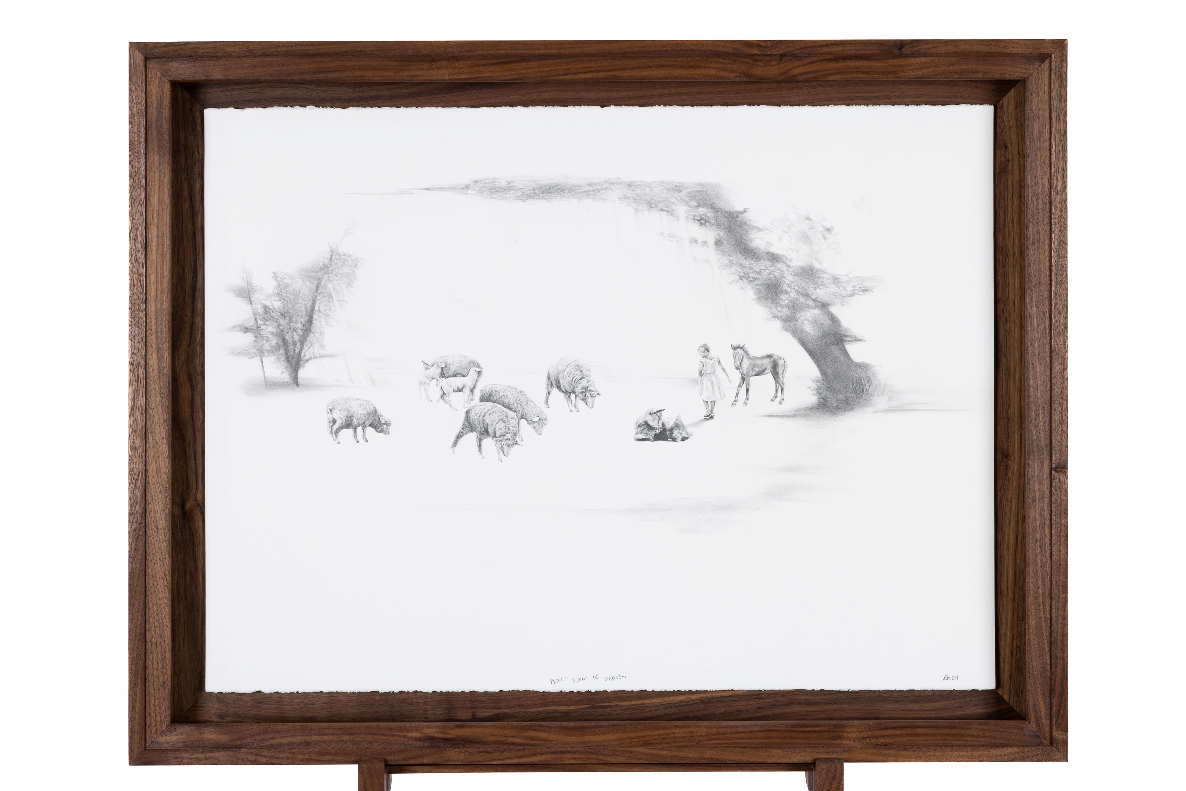 Framed black and white drawing of girl and animals in a dreamlike landscape