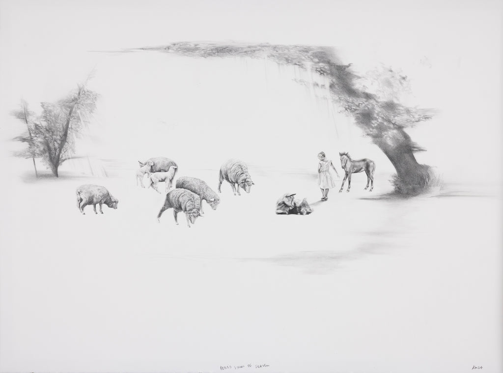 Black and white illustration of person and animals in a dreamlike landscape