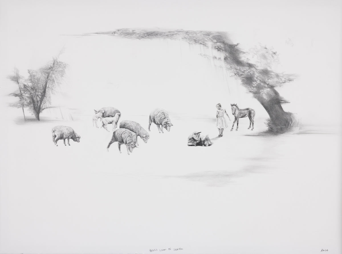 Black and white illustration of person and animals in a dreamlike landscape