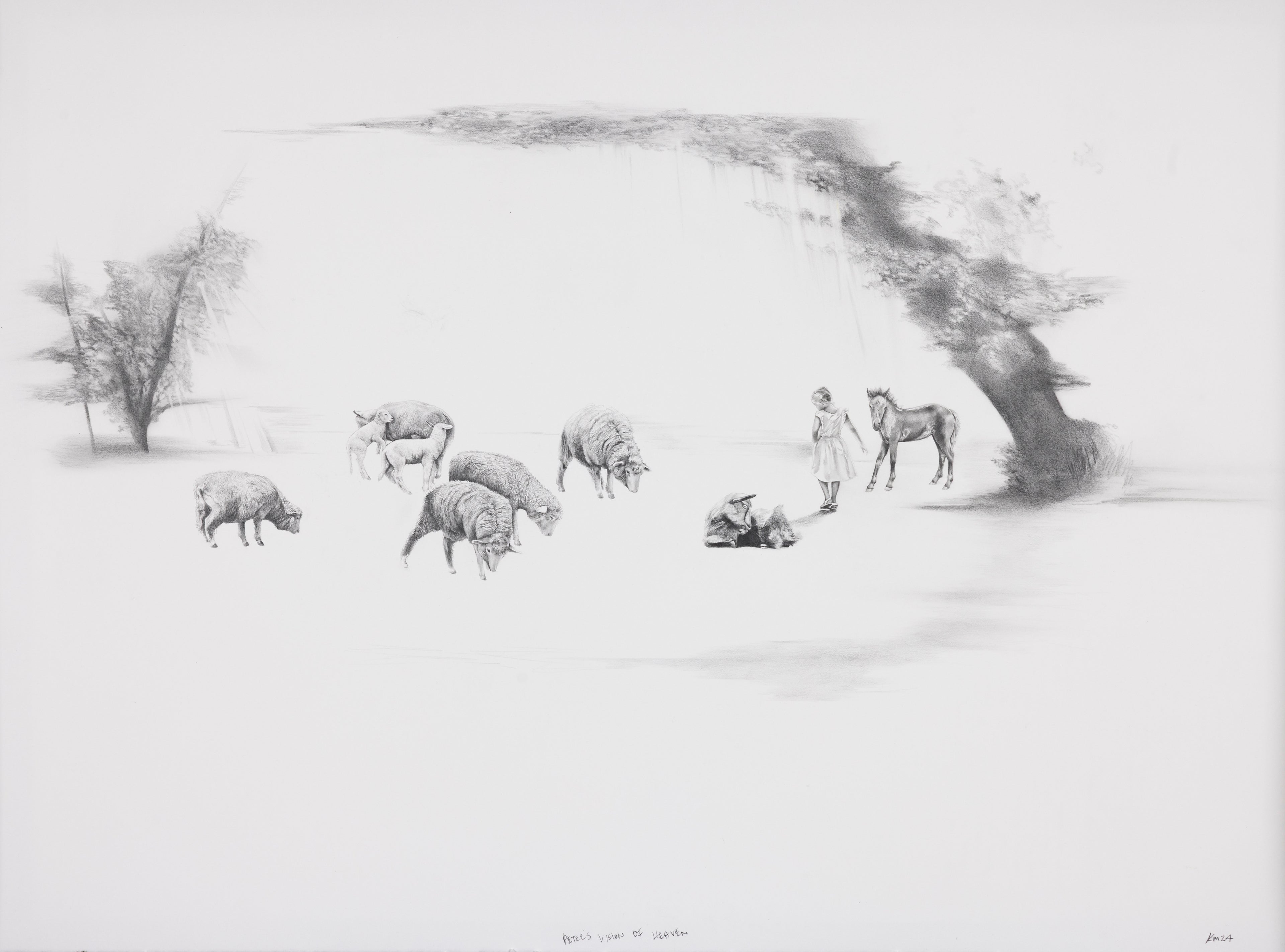 Black and white illustration of person and animals in a dreamlike landscape