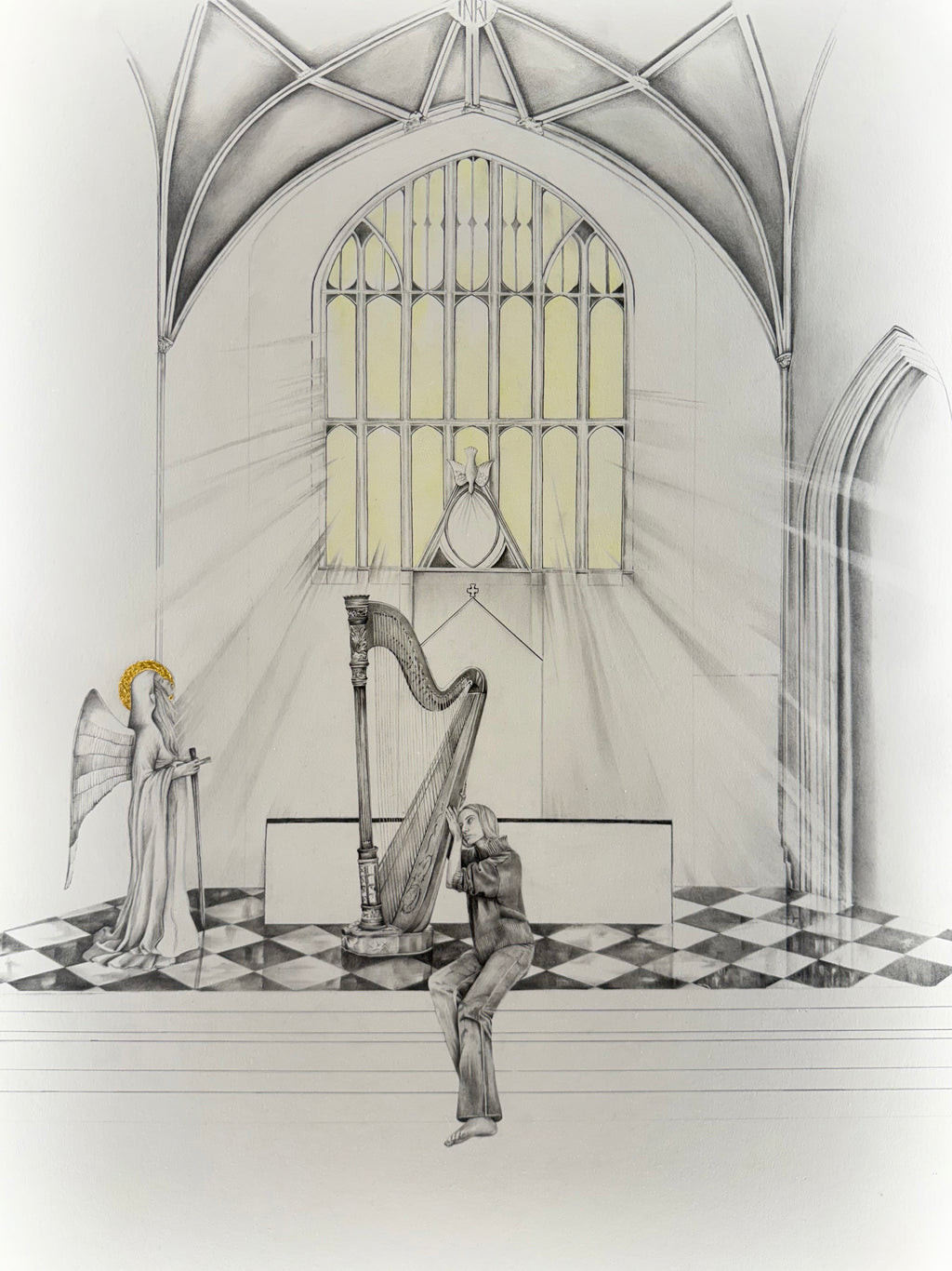 Graphite drawing of a modern woman sitting on cathedral steps gazing at an angel as the Holy Spirit descends upon her, detail view — Semper Vident, by Kate McDuffie