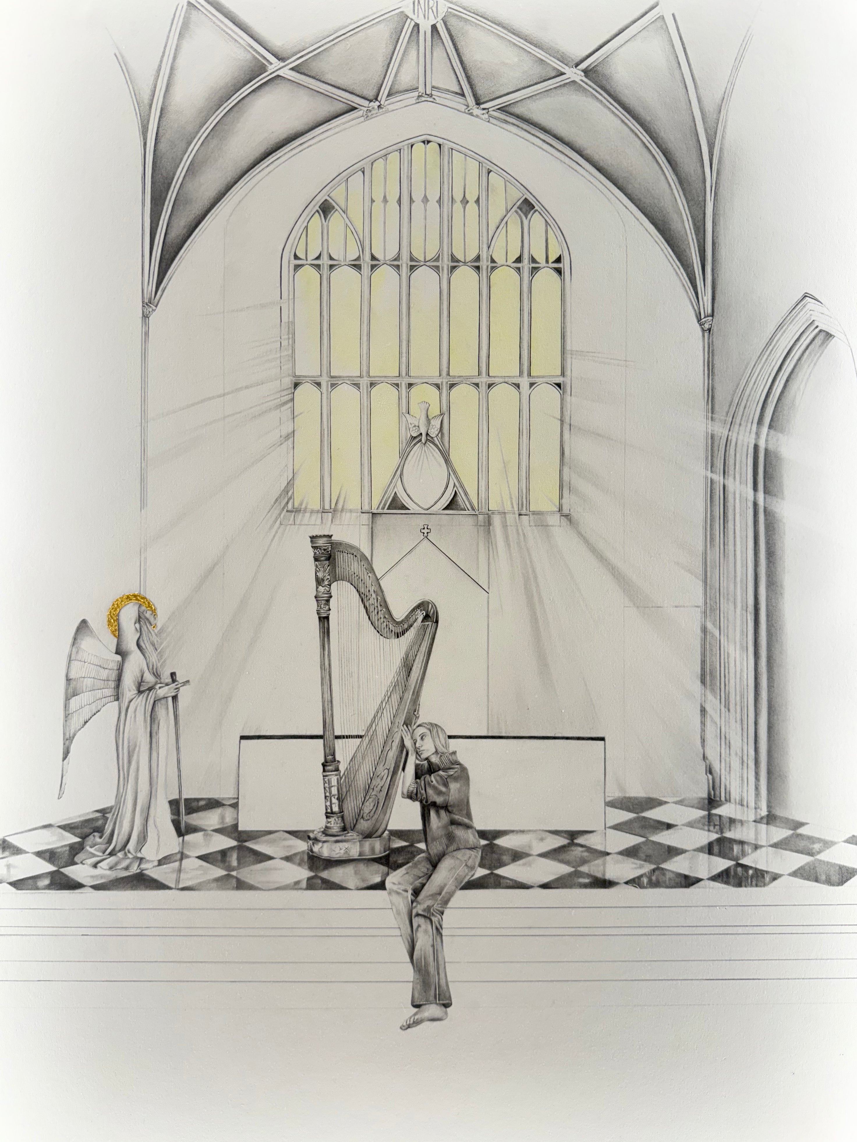 Graphite drawing of a modern woman sitting on cathedral steps gazing at an angel as the Holy Spirit descends upon her, detail view — Semper Vident, by Kate McDuffie