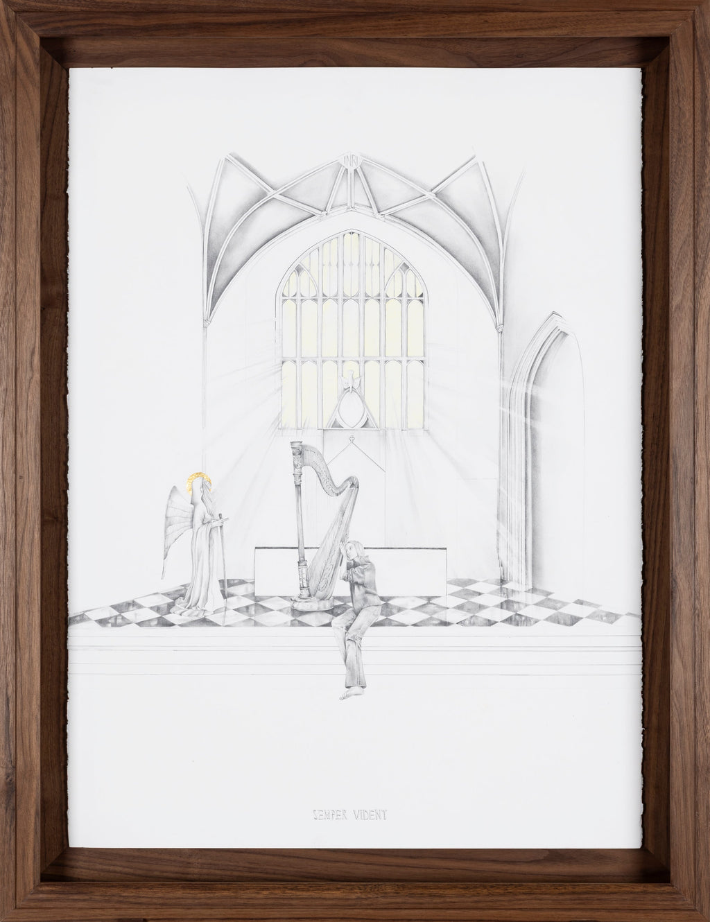 Graphite drawing of a modern woman sitting on cathedral steps gazing at an angel as the Holy Spirit descends upon her, — Semper Vident, by Kate McDuffie