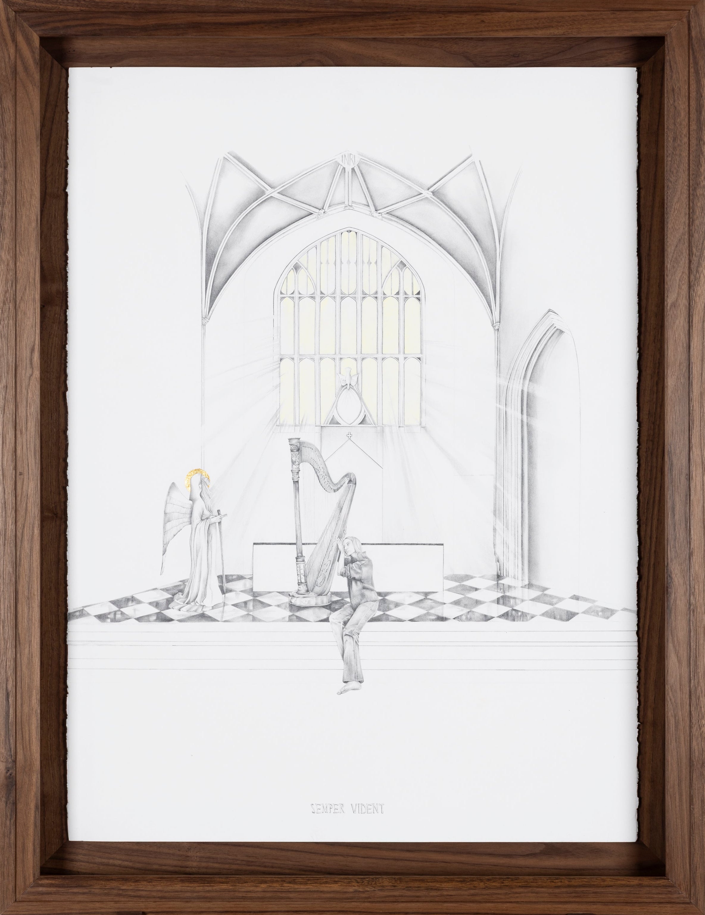 Graphite drawing of a modern woman sitting on cathedral steps gazing at an angel as the Holy Spirit descends upon her, — Semper Vident, by Kate McDuffie