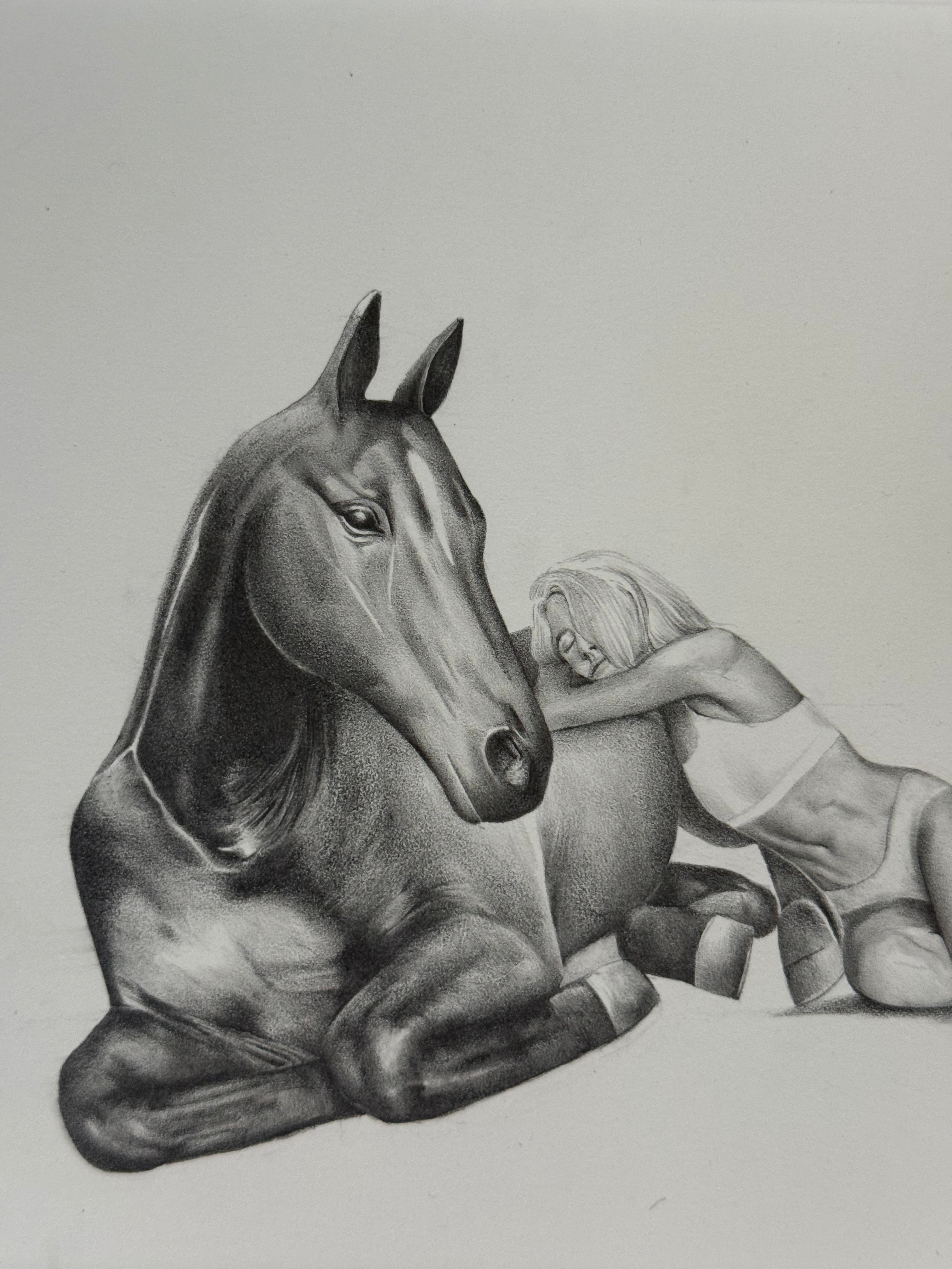 Graphite drawing of a girl laying peacefully with a horse, detail view — The Return, by Kate McDuffie