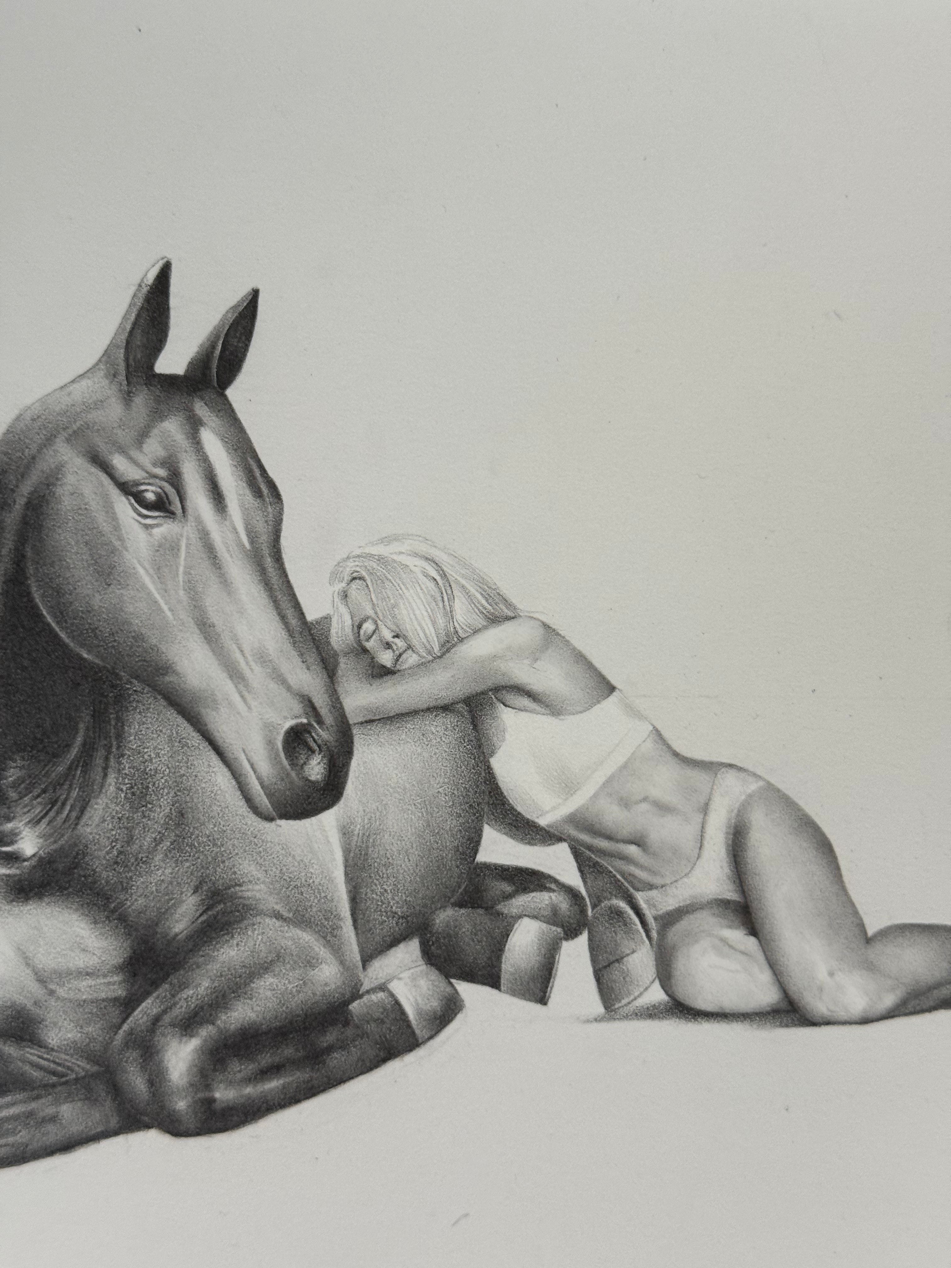 Graphite drawing of a girl laying peacefully with a horse, second detail view — The Return, by Kate McDuffie