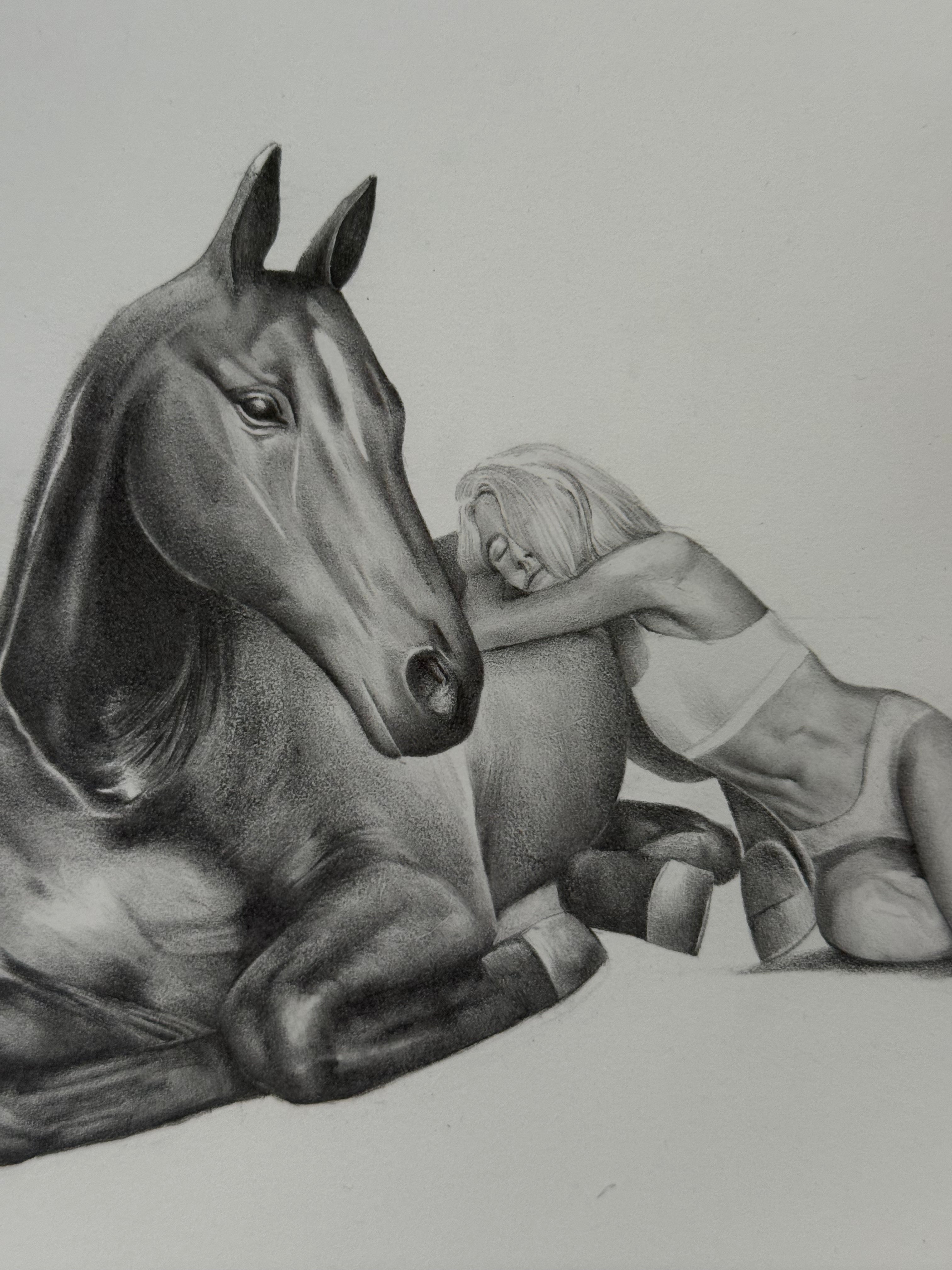Graphite drawing of a girl laying peacefully with a horse, third detail view — The Return, by Kate McDuffie"