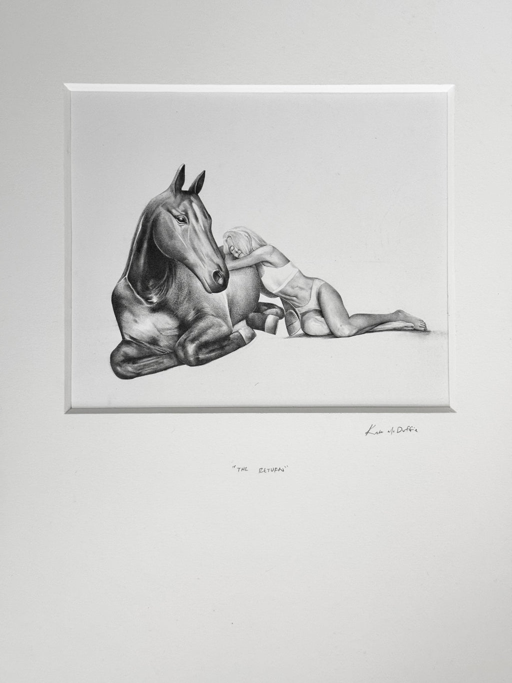 Graphite drawing in a matte of a girl laying peacefully with a horse, full composition — The Return, by Kate McDuffie