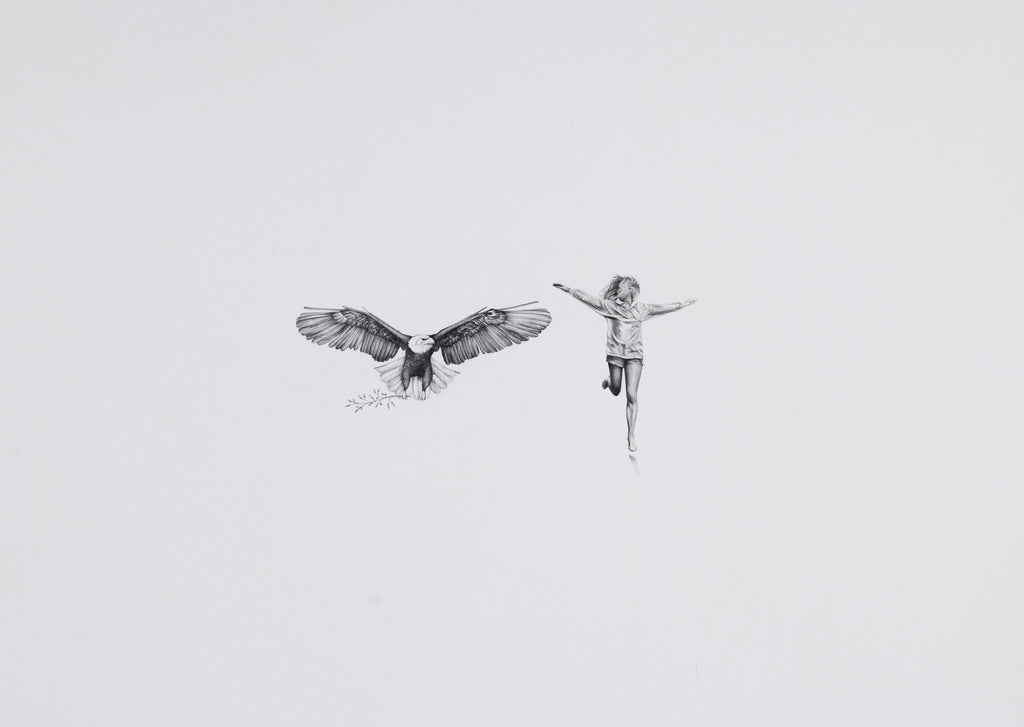 Graphite drawing of an eagle taking flight while a girl runs beside him with her arms outstretched, print version — You Thought You Were Alone?, by Kate McDuffie