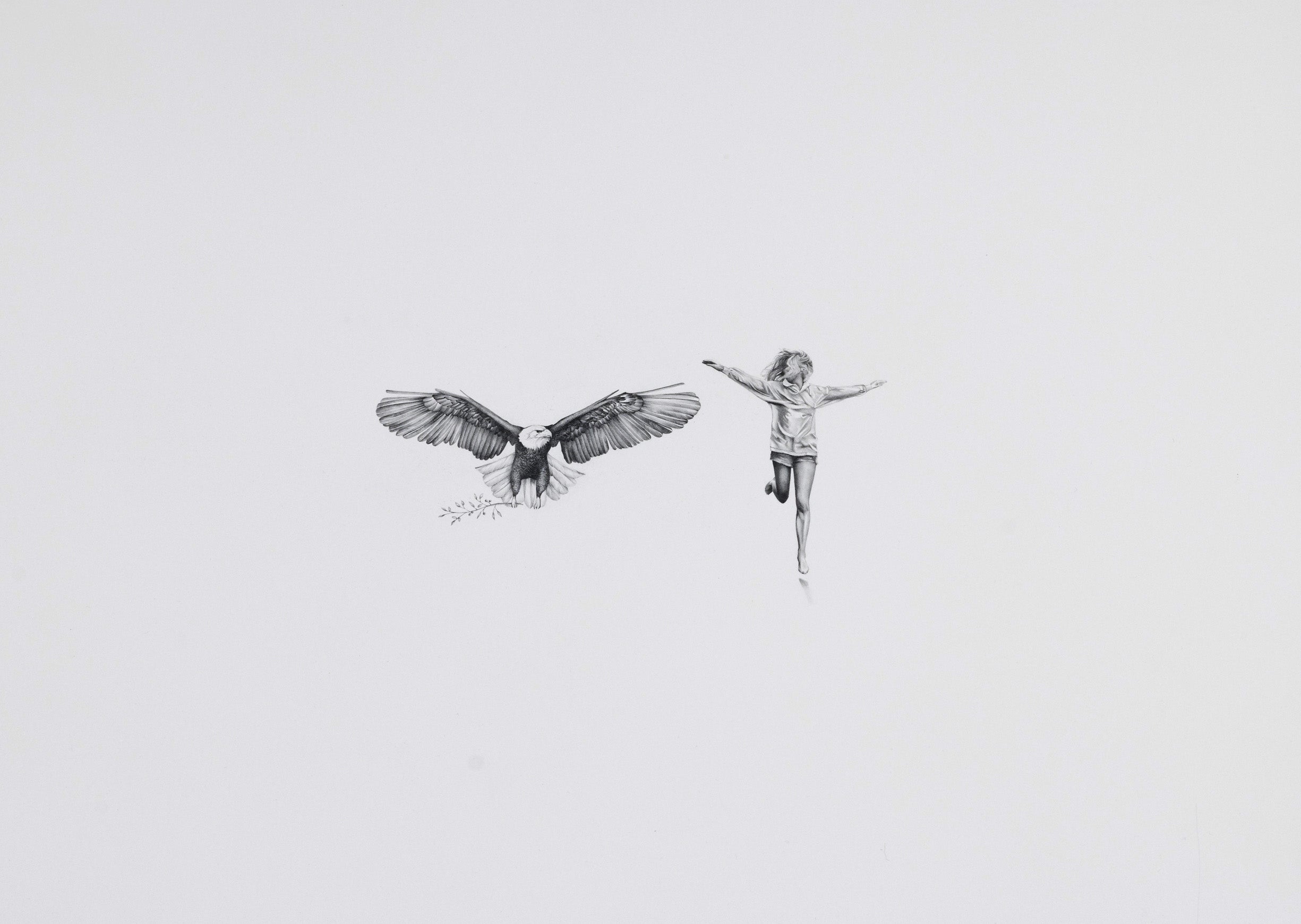 Graphite drawing of an eagle taking flight while a girl runs beside him with her arms outstretched, print version — You Thought You Were Alone?, by Kate McDuffie