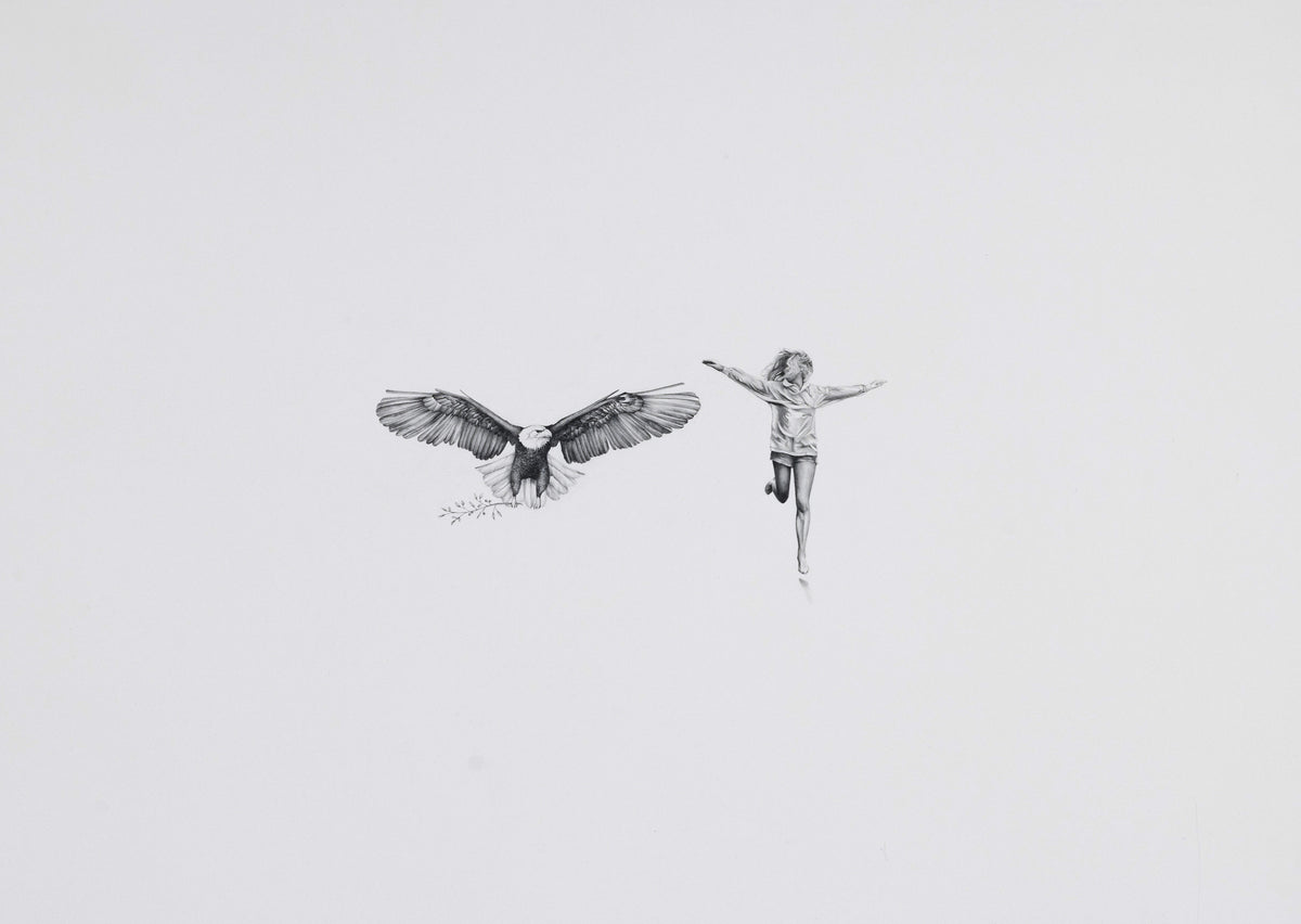 Illustration of a bald eagle taking flight and a person running with outstretched arms