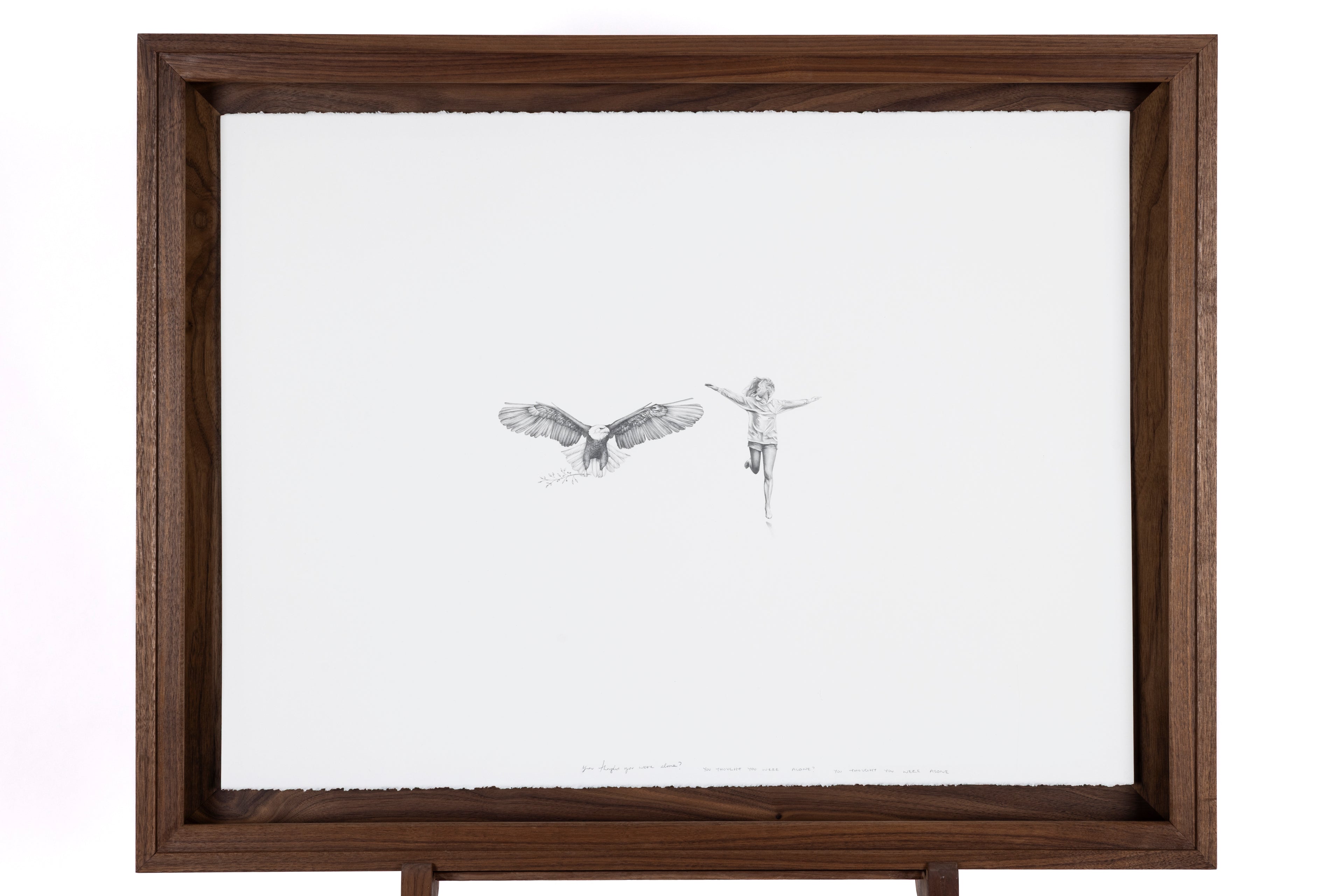 Graphite drawing of an eagle taking flight while a girl runs beside him with her arms outstretched, second detail view — You Thought You Were Alone?, by Kate McDuffie