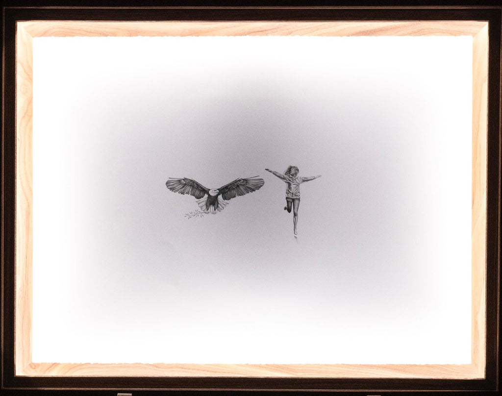 Graphite drawing of an eagle taking flight while a girl runs beside him with her arms outstretched, detail view — You Thought You Were Alone?, by Kate McDuffie